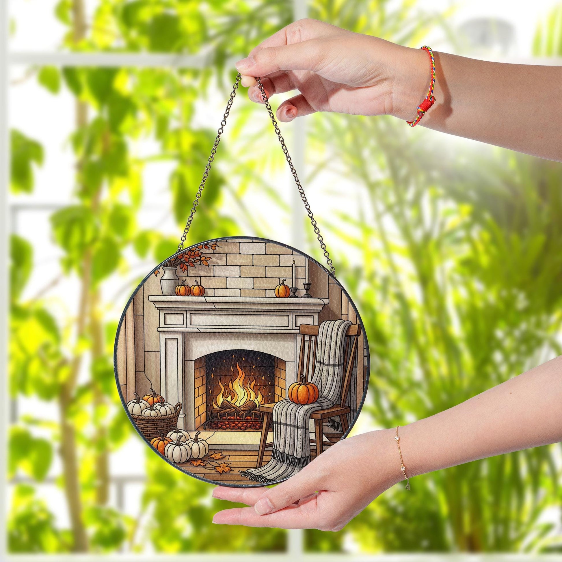 Cozy Fall Fireplace ornament | Autumn Pumpkin Stained Glass Hanging | Warm Harvest Home Decor | Seasonal Window Art