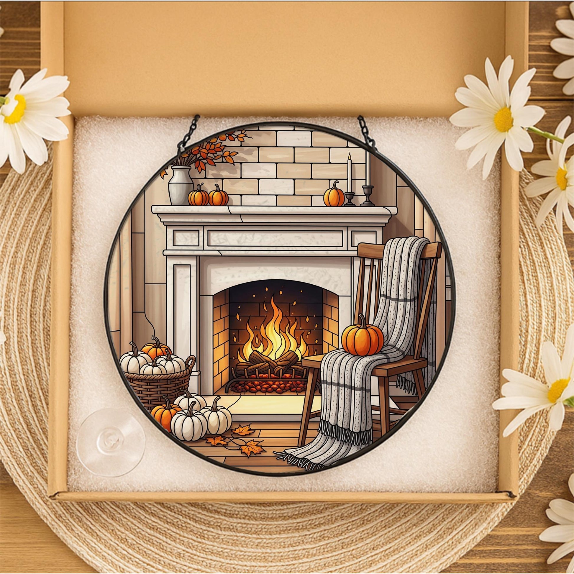 Cozy Fall Fireplace ornament | Autumn Pumpkin Stained Glass Hanging | Warm Harvest Home Decor | Seasonal Window Art