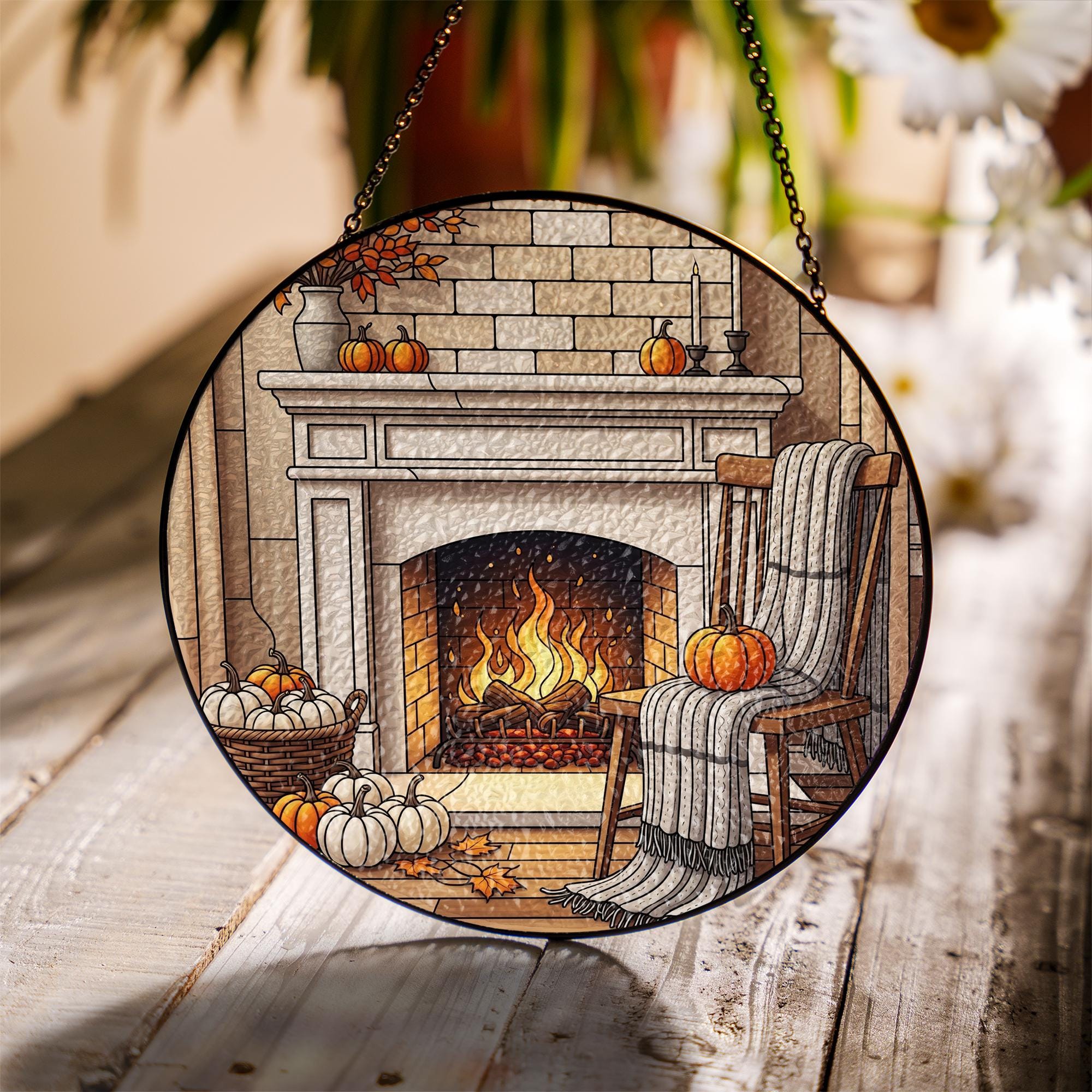 Cozy Fall Fireplace ornament | Autumn Pumpkin Stained Glass Hanging | Warm Harvest Home Decor | Seasonal Window Art