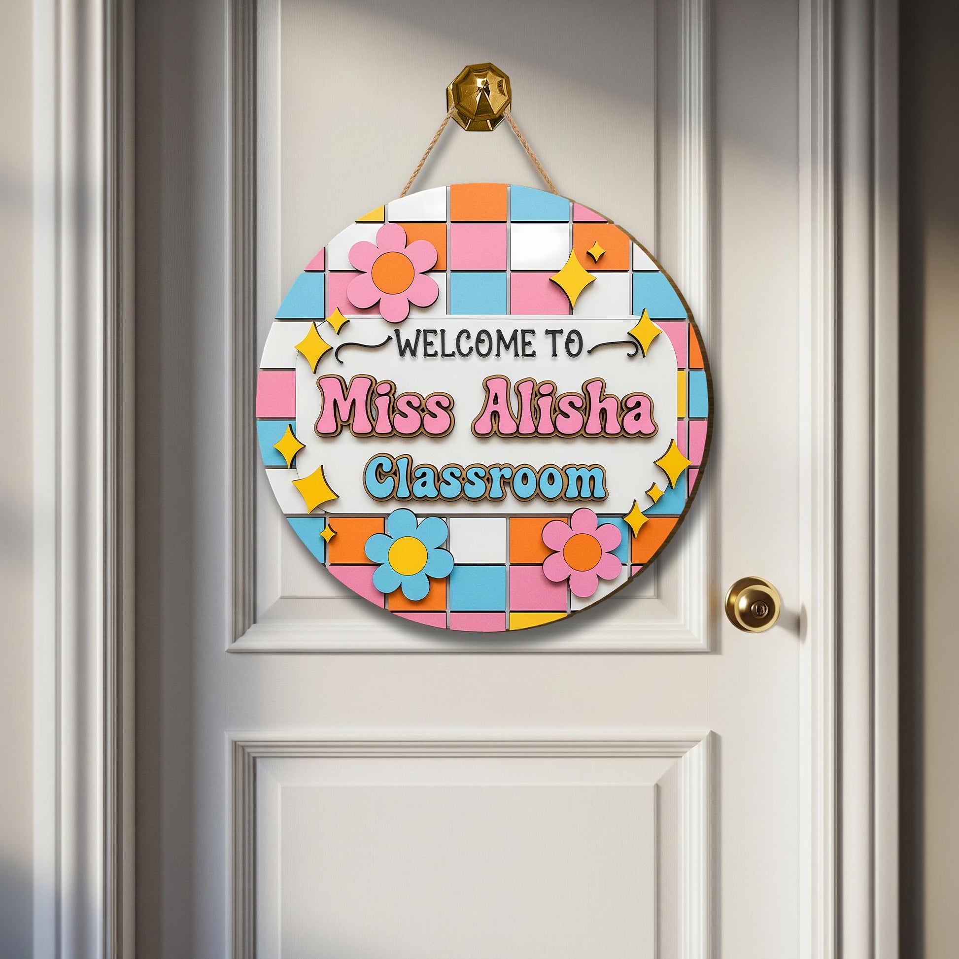 Custom Classroom Door Sign, Welcome Back to School Teacher Name Sign, Personalized Wooden Sign, Cute Decor for Teacher's Room, Retro Sign