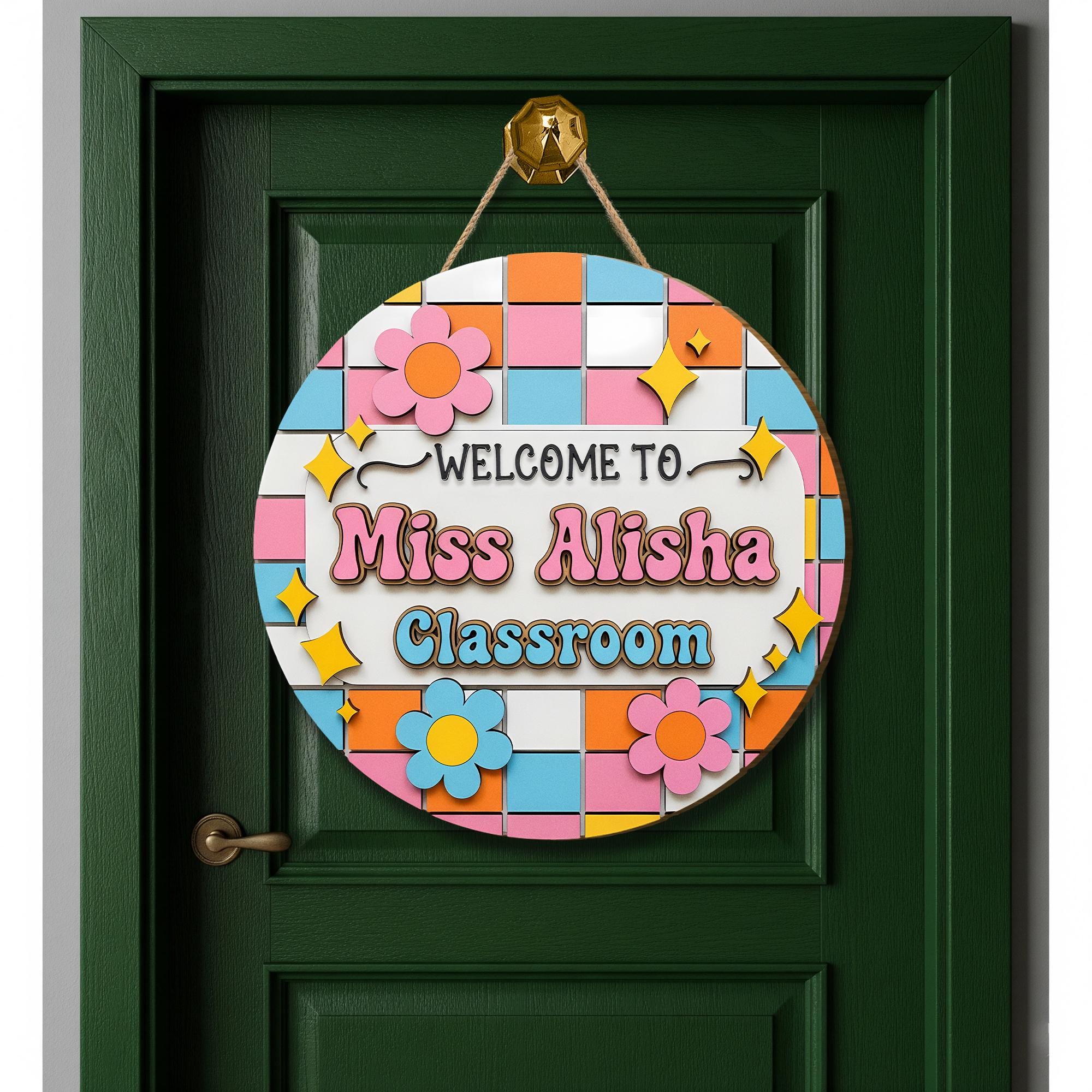 Custom Classroom Door Sign, Welcome Back to School Teacher Name Sign, Personalized Wooden Sign, Cute Decor for Teacher's Room, Retro Sign