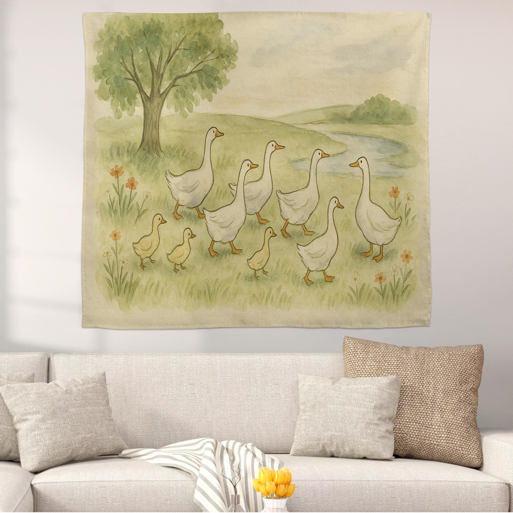 Goose Nursery Tapestry, Farm Animal Wall Art for Kids Room, Duck Family Watercolor Decor, Soft Pastel Baby Room Hanging