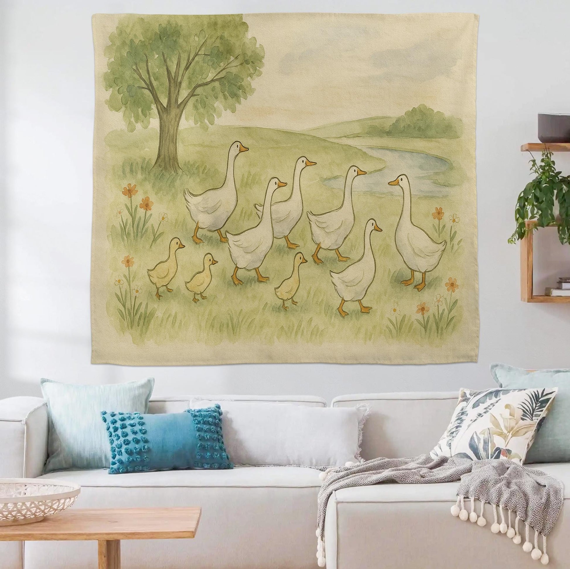Goose Nursery Tapestry, Farm Animal Wall Art for Kids Room, Duck Family Watercolor Decor, Soft Pastel Baby Room Hanging