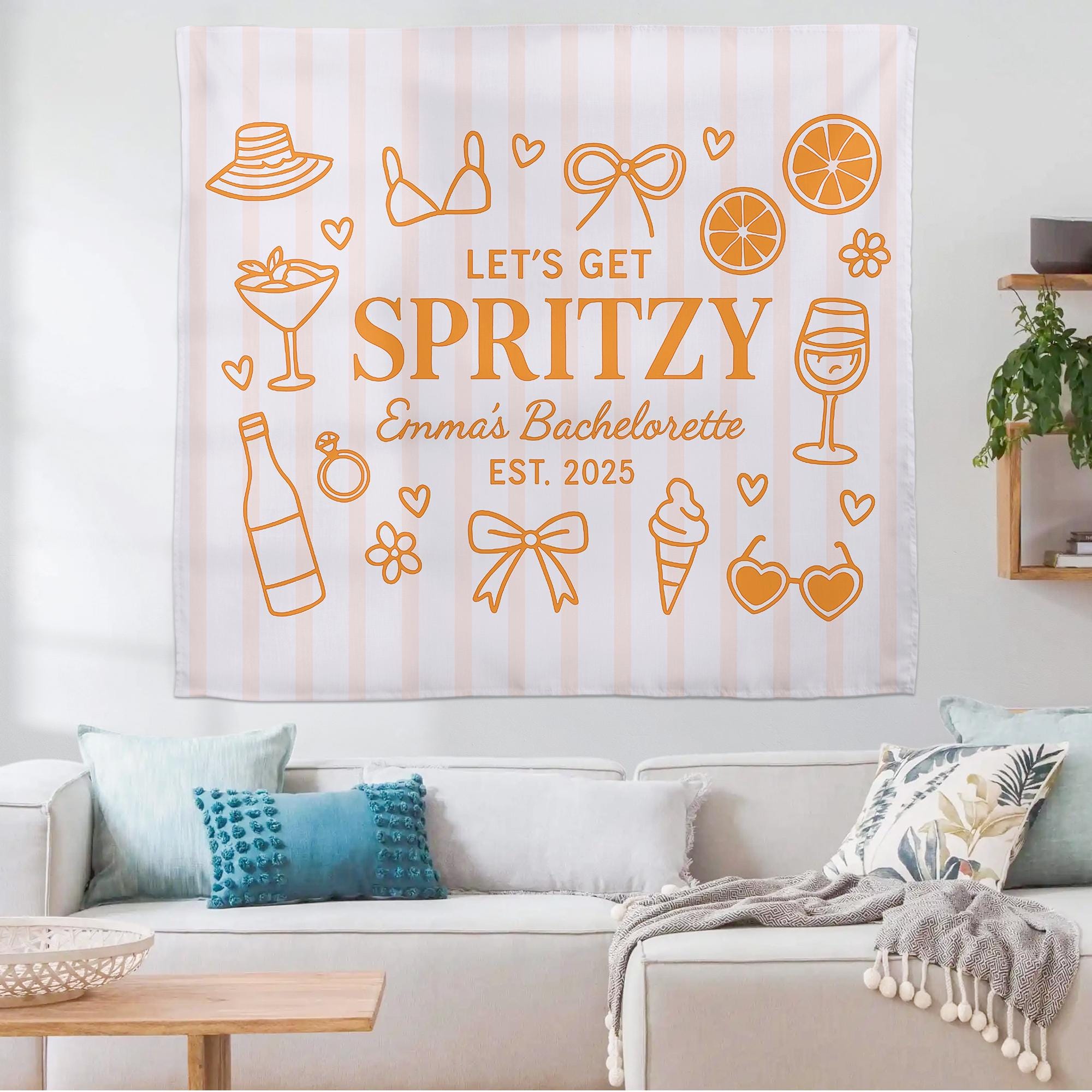 Custom Bachelorette Tapestry, Let’s Get Spritzy Banner, Personalized Bridal Party Decor, Summer Bach Weekend Wall Hanging