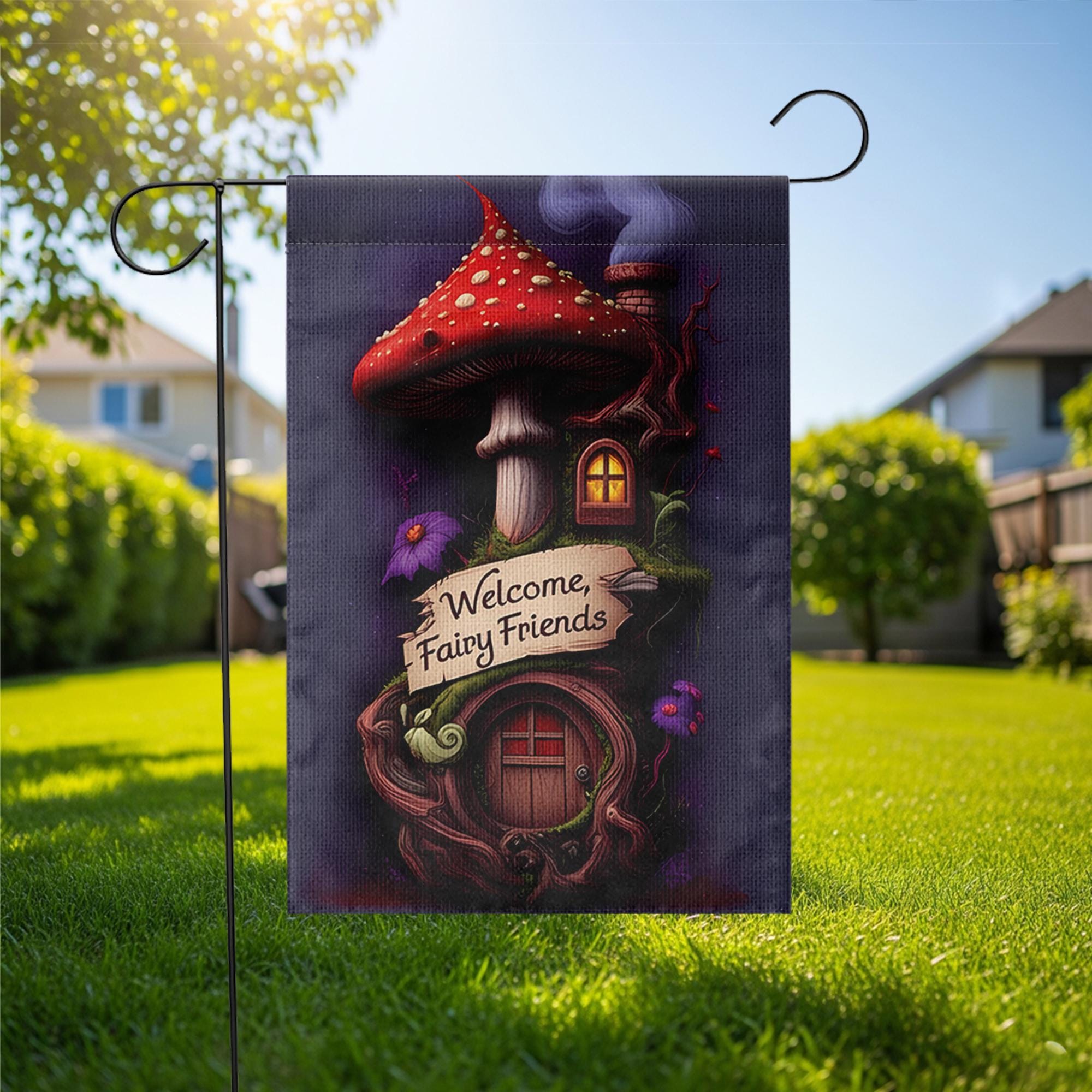Whimsical Fairy Garden Flag – Welcome Fairy Friends Toadstool Yard Decor, Enchanted Forest Cottagecore Outdoor Banner