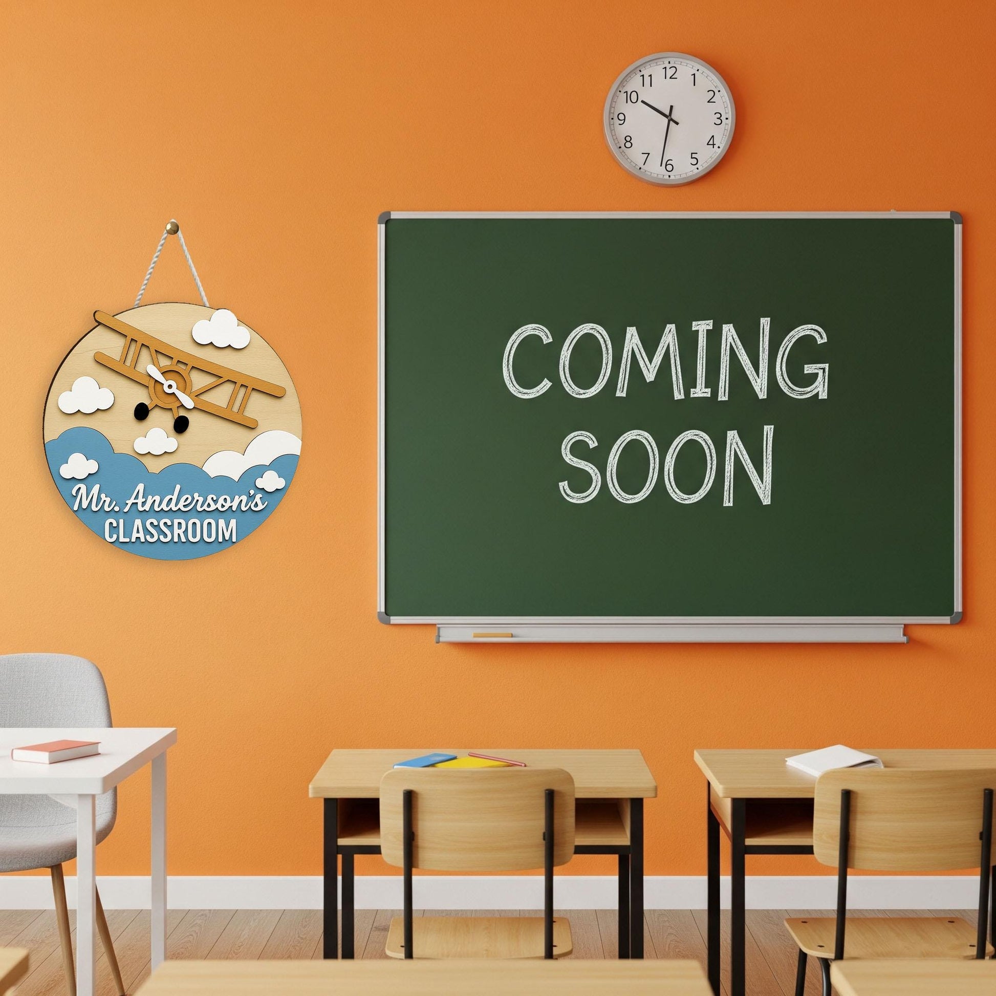 Custom Classroom Wooden Sign, Classroom Plane Theme Door Hanger, Personalized Teacher Name Sign, Back to School Decor