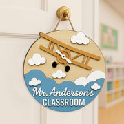 Custom Classroom Wooden Sign, Classroom Plane Theme Door Hanger, Personalized Teacher Name Sign, Back to School Decor