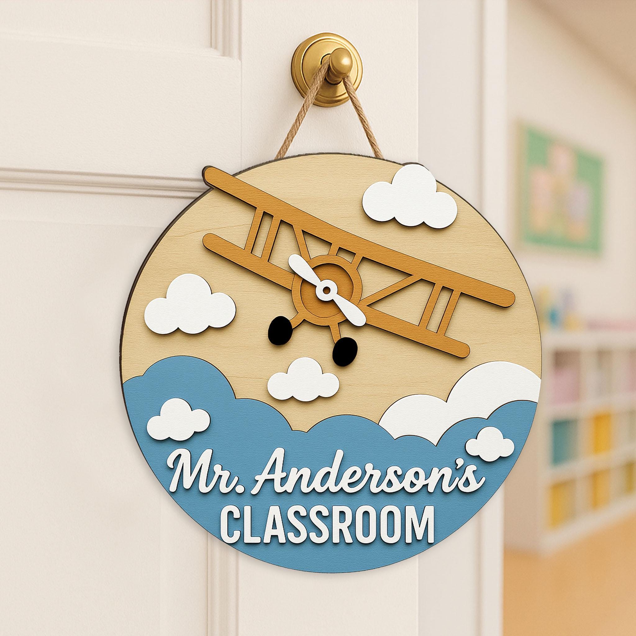 Custom Classroom Wooden Sign, Classroom Plane Theme Door Hanger, Personalized Teacher Name Sign, Back to School Decor