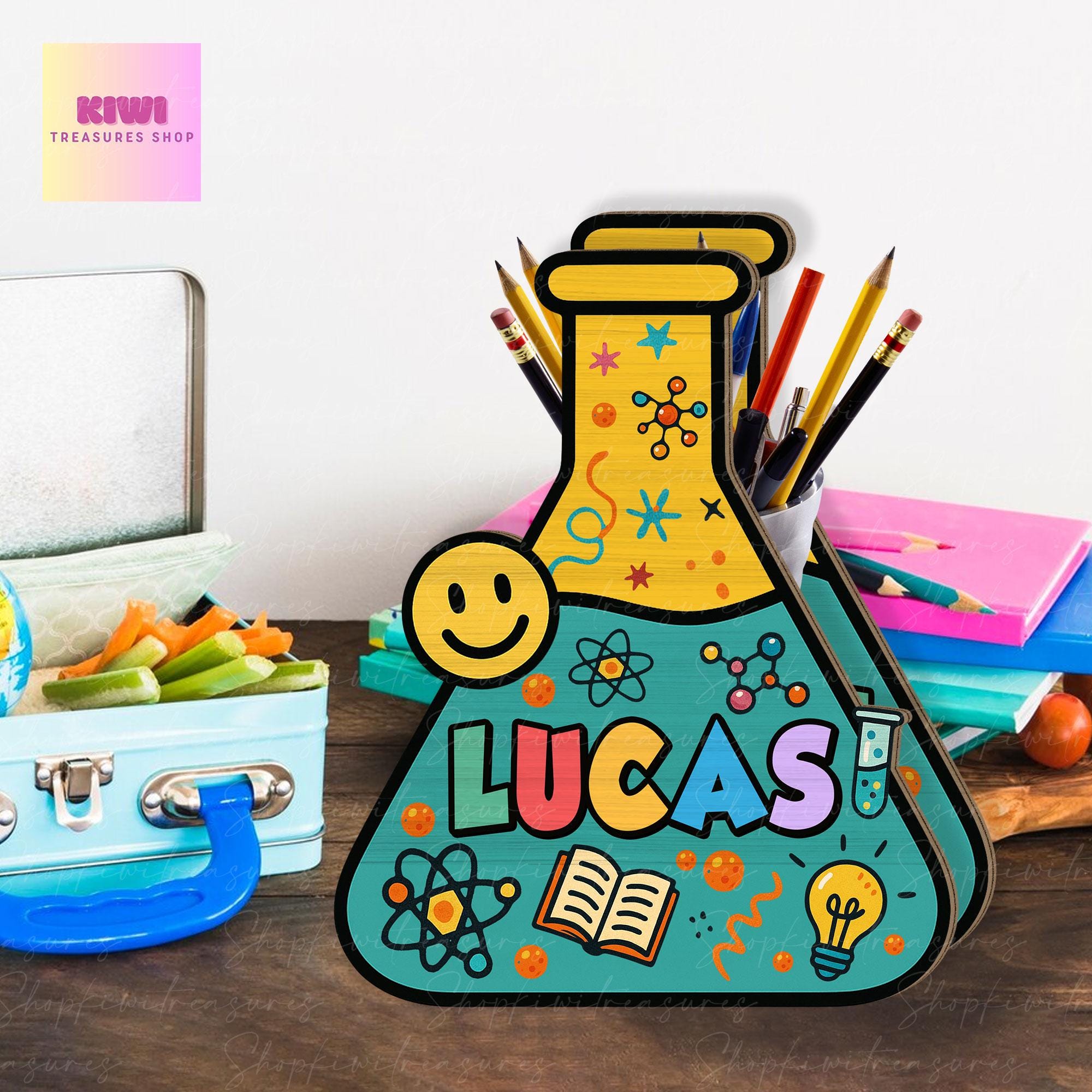 Personalized Science Teacher Pen Holder, Lab Tech Gift, Wooden Chemistry Desk Organizer, Back to School Teacher Gift, STEM Classroom Decor