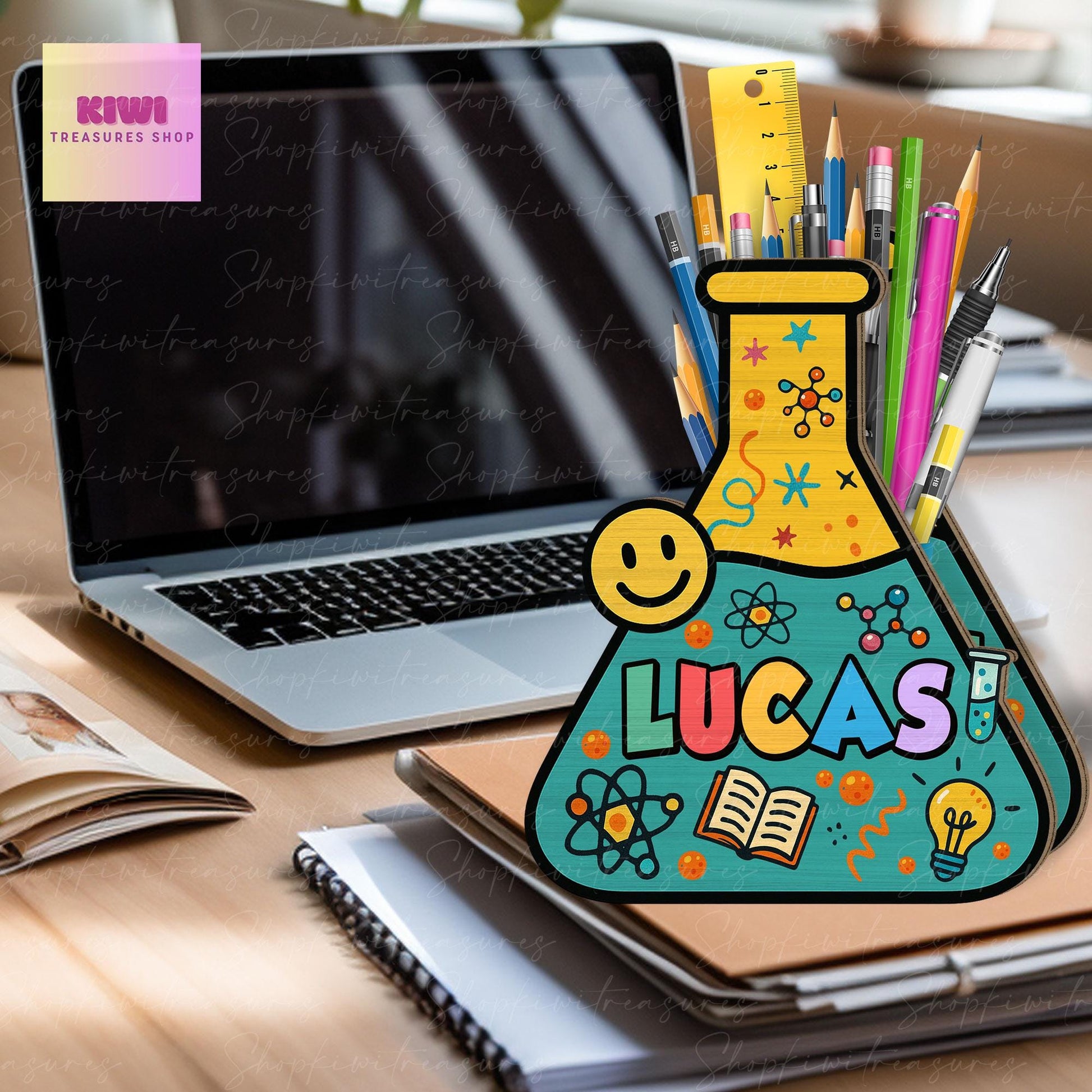 Personalized Science Teacher Pen Holder, Lab Tech Gift, Wooden Chemistry Desk Organizer, Back to School Teacher Gift, STEM Classroom Decor