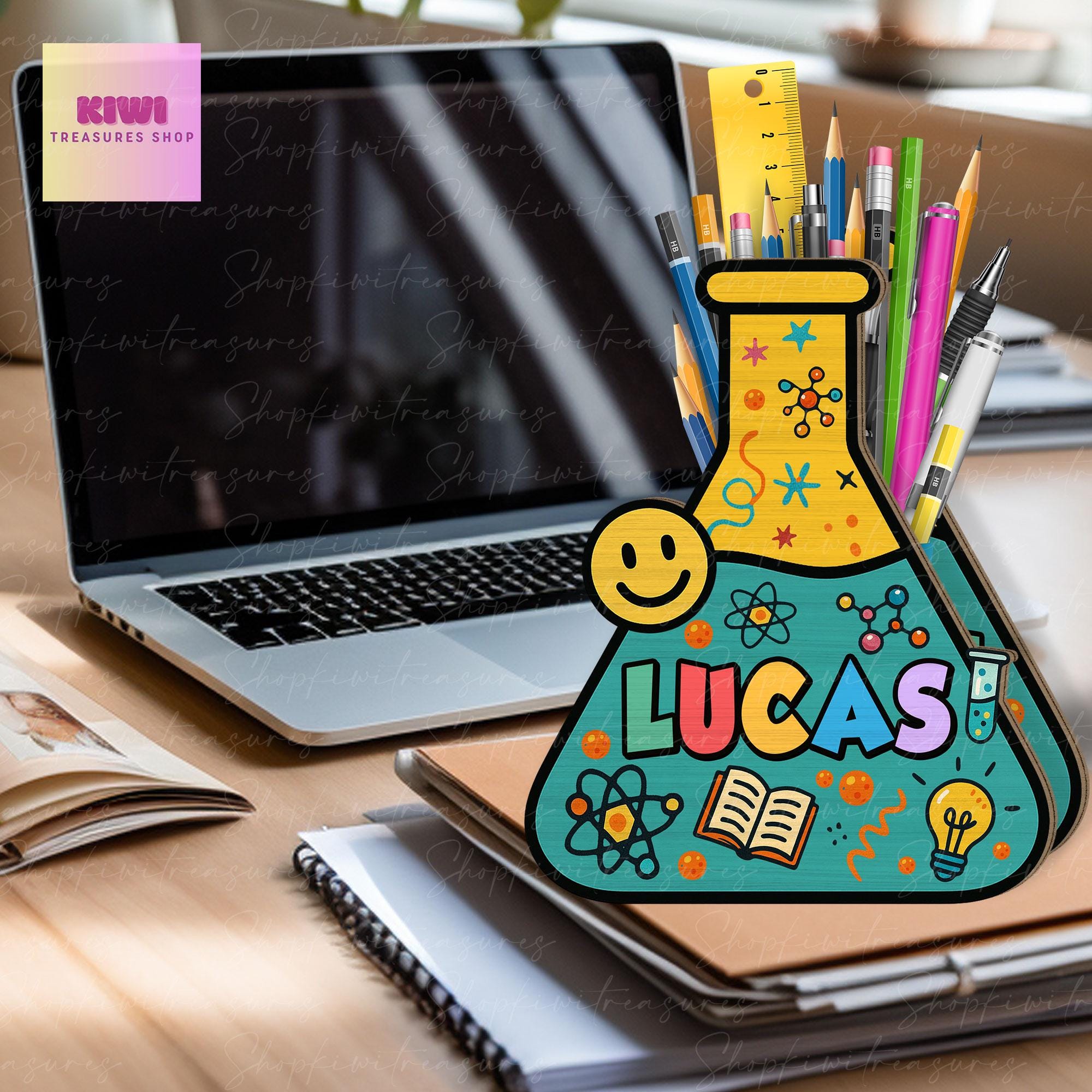 Personalized Science Teacher Pen Holder, Lab Tech Gift, Wooden Chemistry Desk Organizer, Back to School Teacher Gift, STEM Classroom Decor