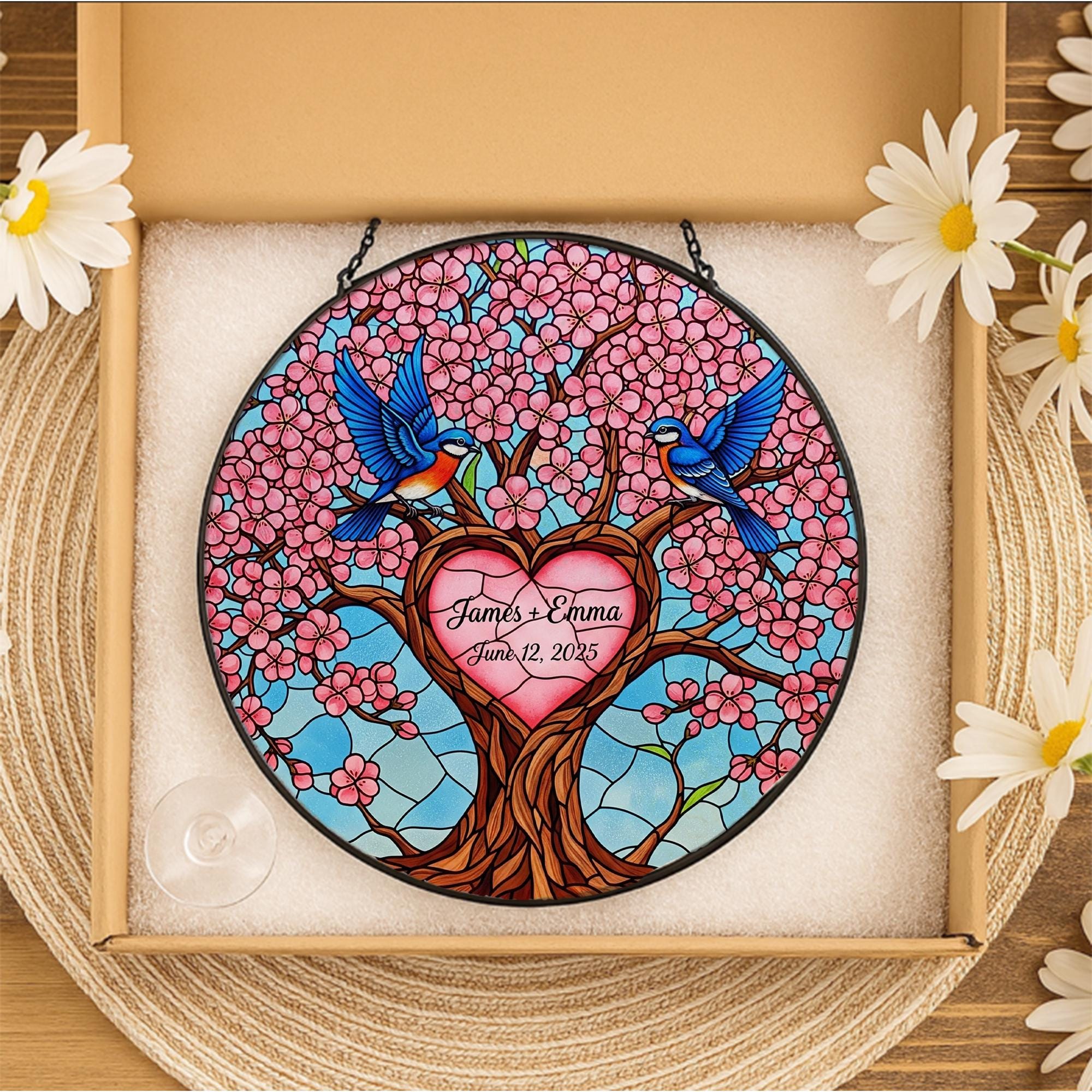 Custom Anniversary Suncatcher, Personalized Glass Tree of Love, Bluebird Wedding Gift, Couple Name & Date Keepsake