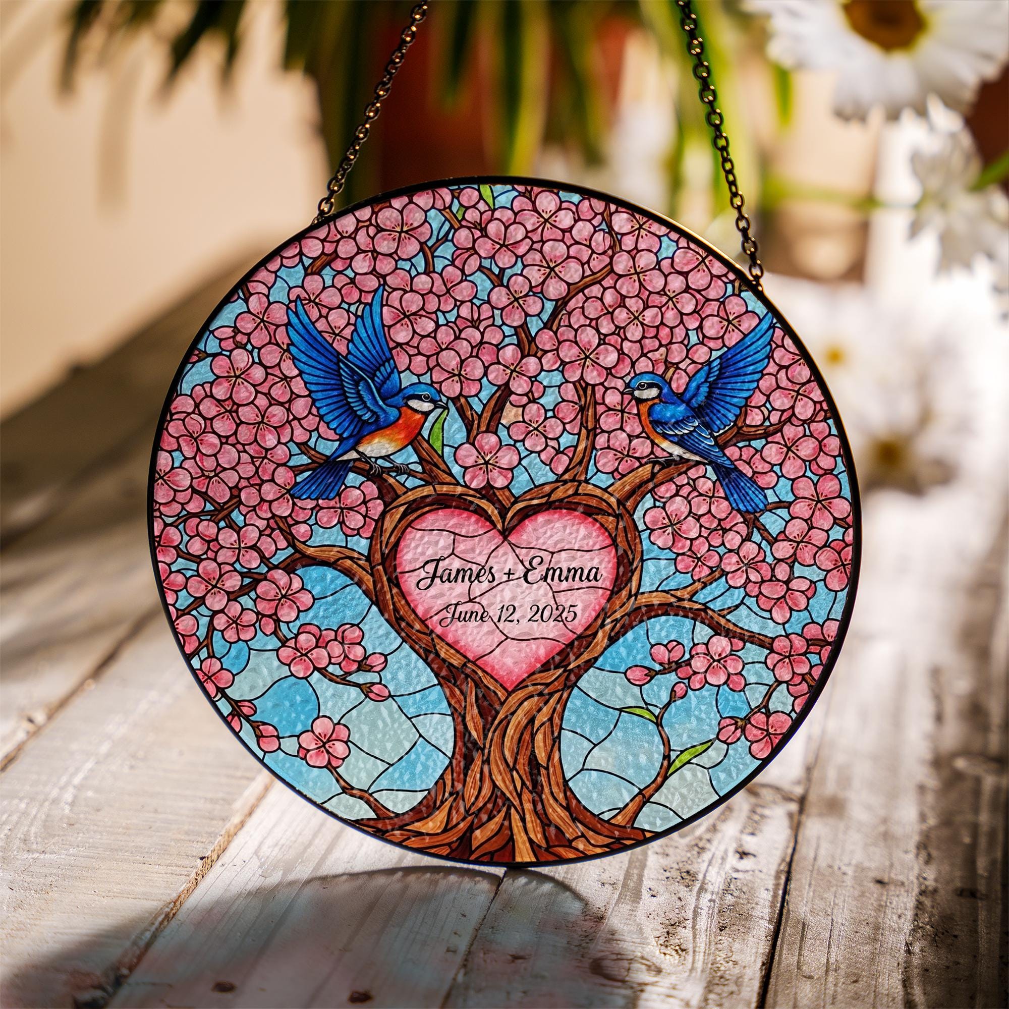 Custom Anniversary Suncatcher, Personalized Glass Tree of Love, Bluebird Wedding Gift, Couple Name & Date Keepsake