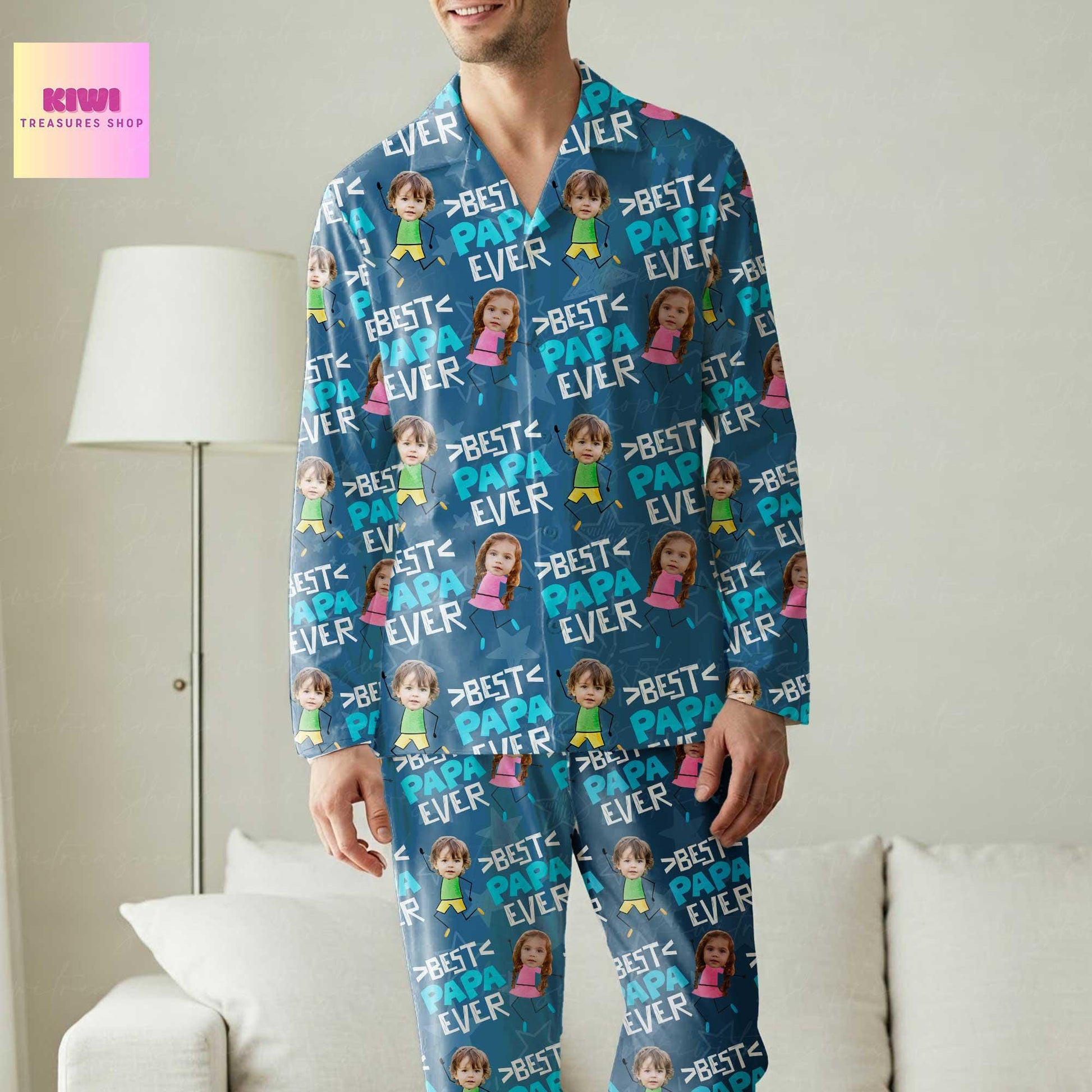 Custom Best Papa Ever Pajama Set with Kids Faces, Personalized Daddy Gift, Funny Matching Sleepwear for Dad or Grandpa
