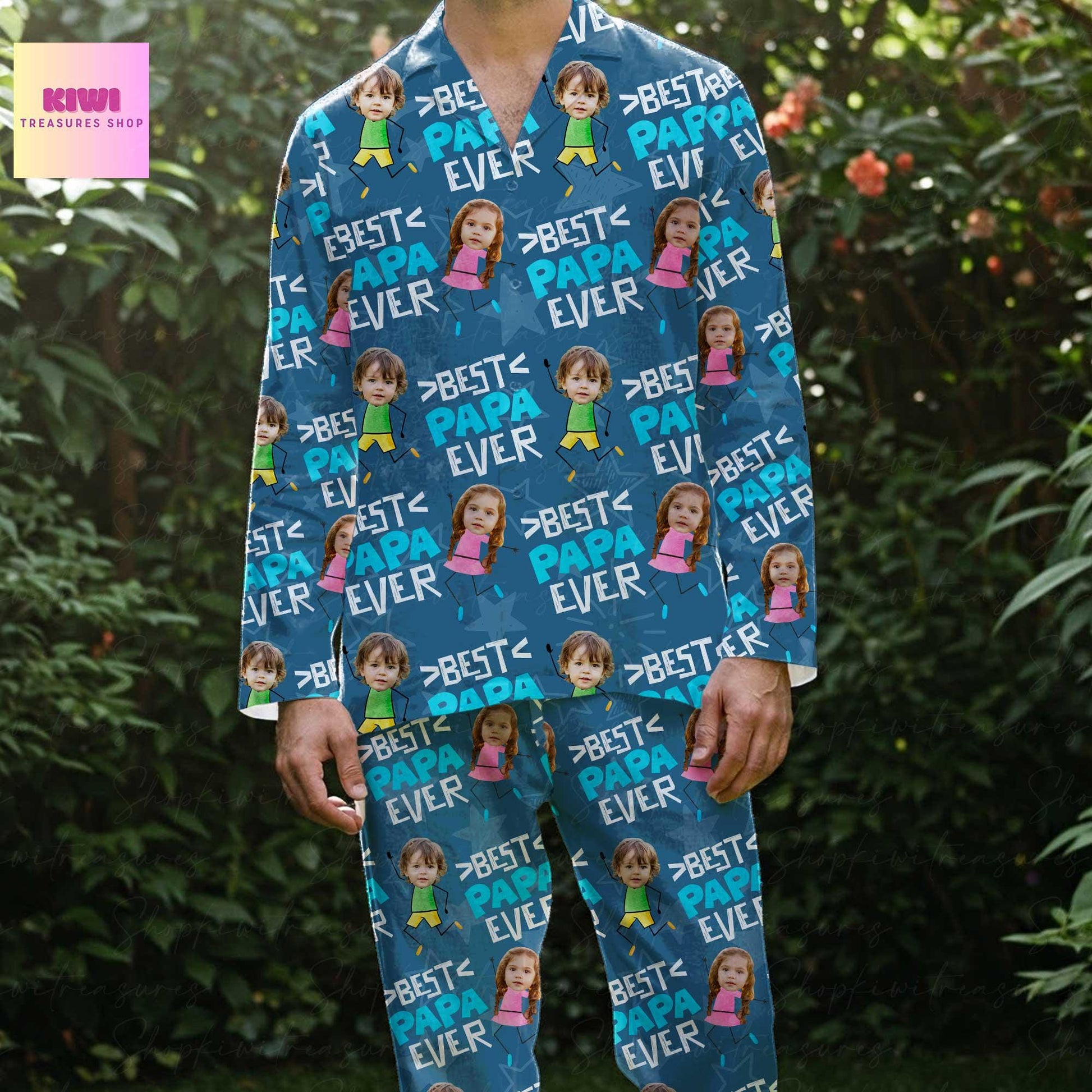 Custom Best Papa Ever Pajama Set with Kids Faces, Personalized Daddy Gift, Funny Matching Sleepwear for Dad or Grandpa