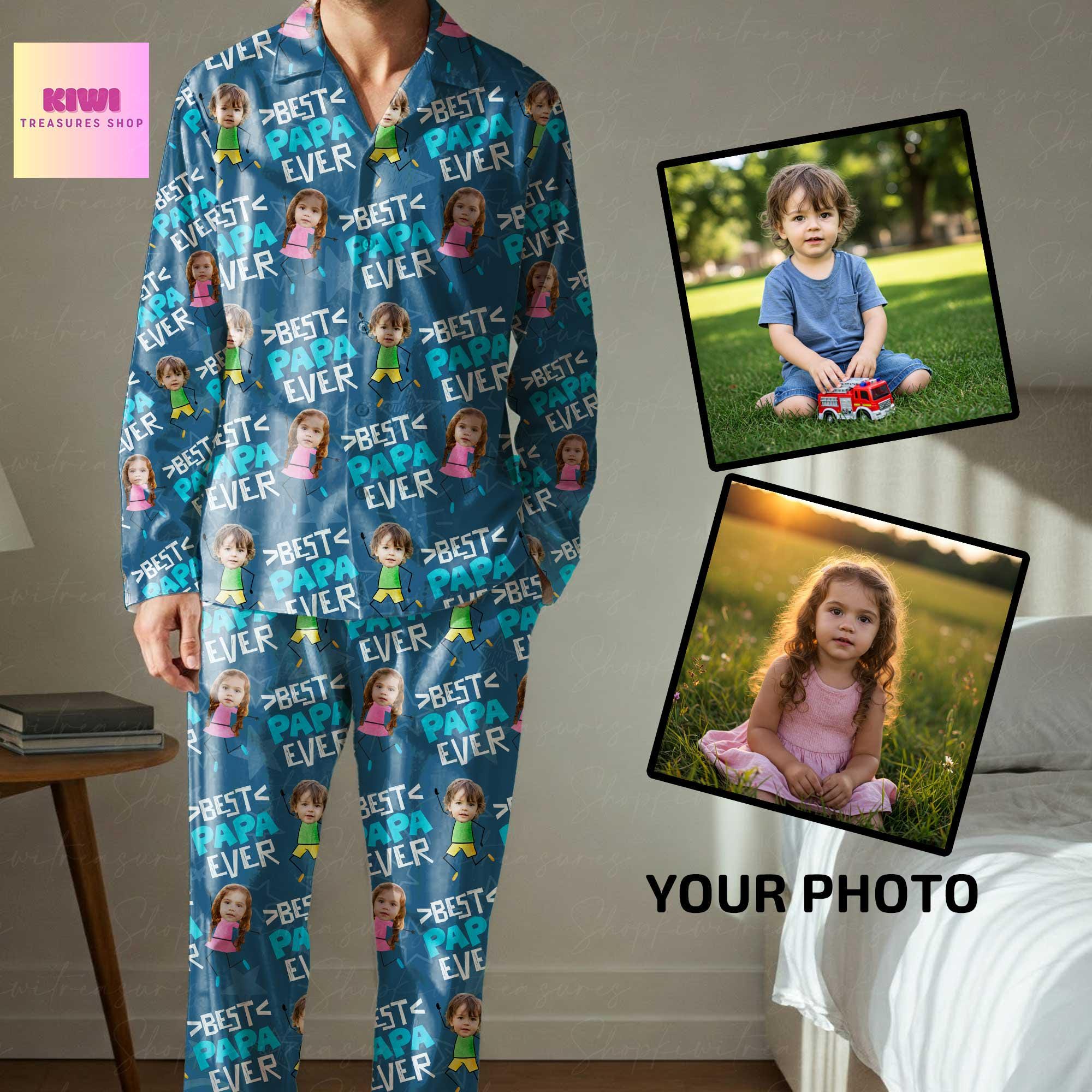 Custom Best Papa Ever Pajama Set with Kids Faces, Personalized Daddy Gift, Funny Matching Sleepwear for Dad or Grandpa