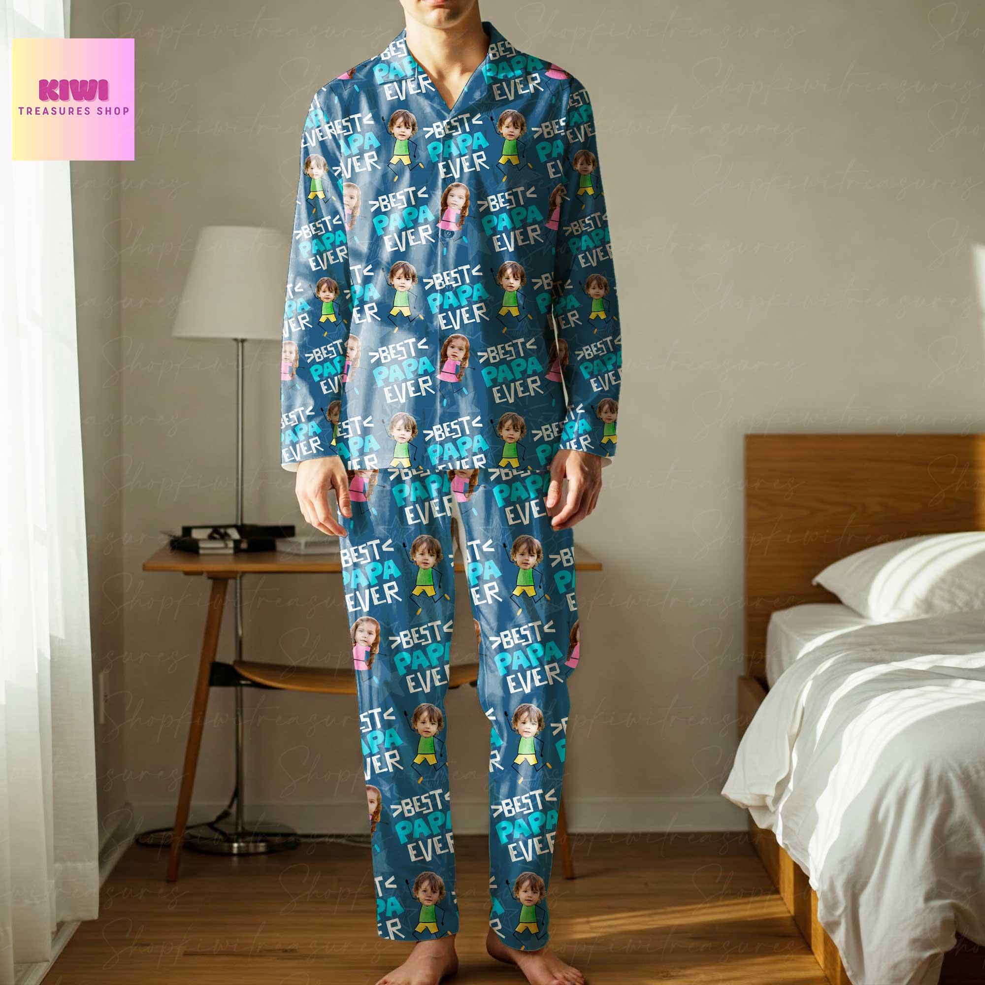 Custom Best Papa Ever Pajama Set with Kids Faces, Personalized Daddy Gift, Funny Matching Sleepwear for Dad or Grandpa