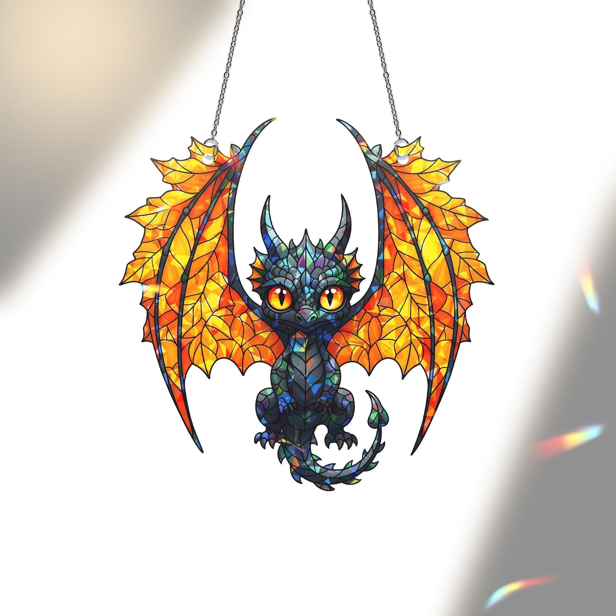 Holographic Dragon Suncatcher - Stained Glass Baby Dragon Window Hanging, Fantasy Creature Decor, Gothic Fairycore Gift for Home