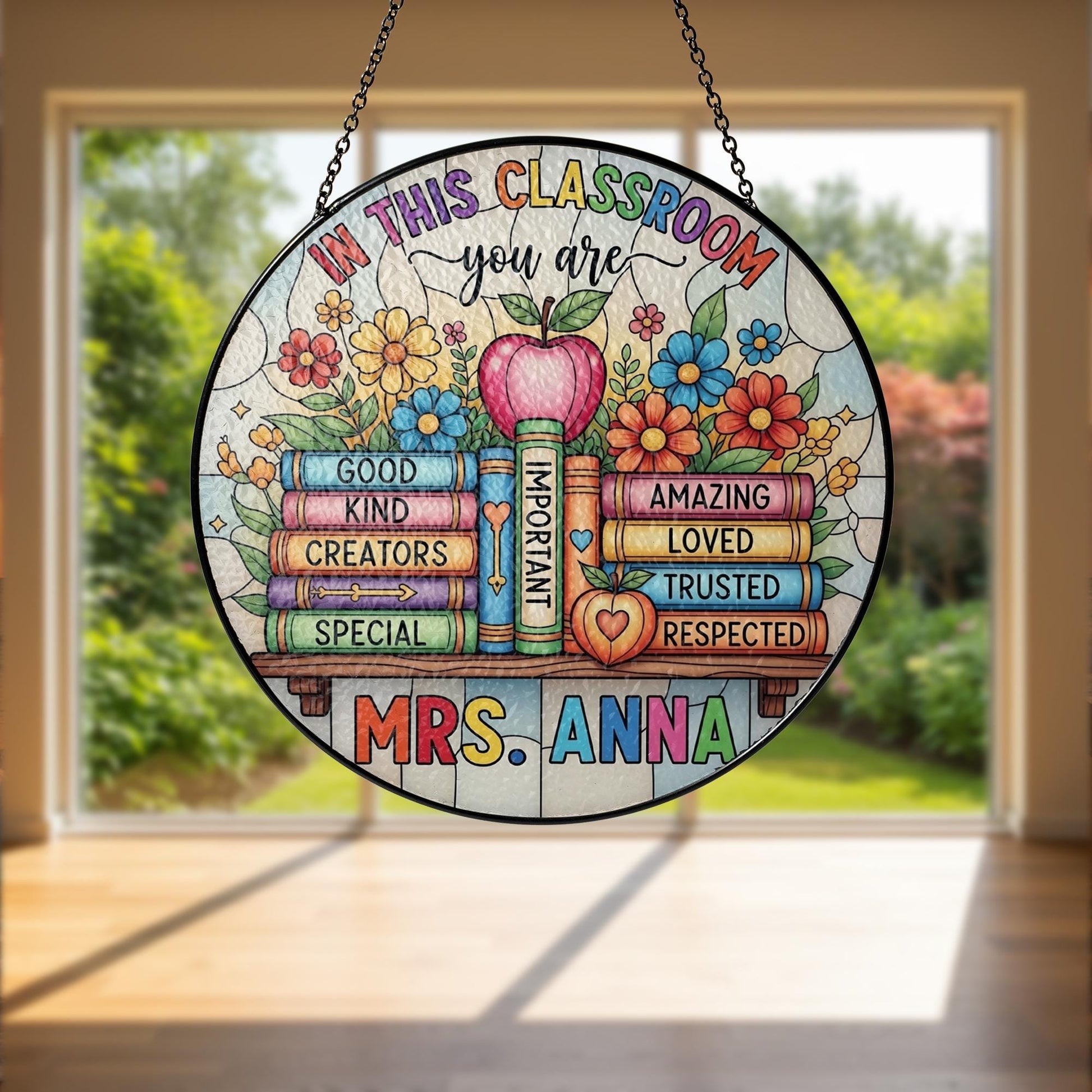 Custom Classroom Suncatcher, Teacher Name Glass Sign, Inspirational Stained Window Decor, Back to School Teacher Gift