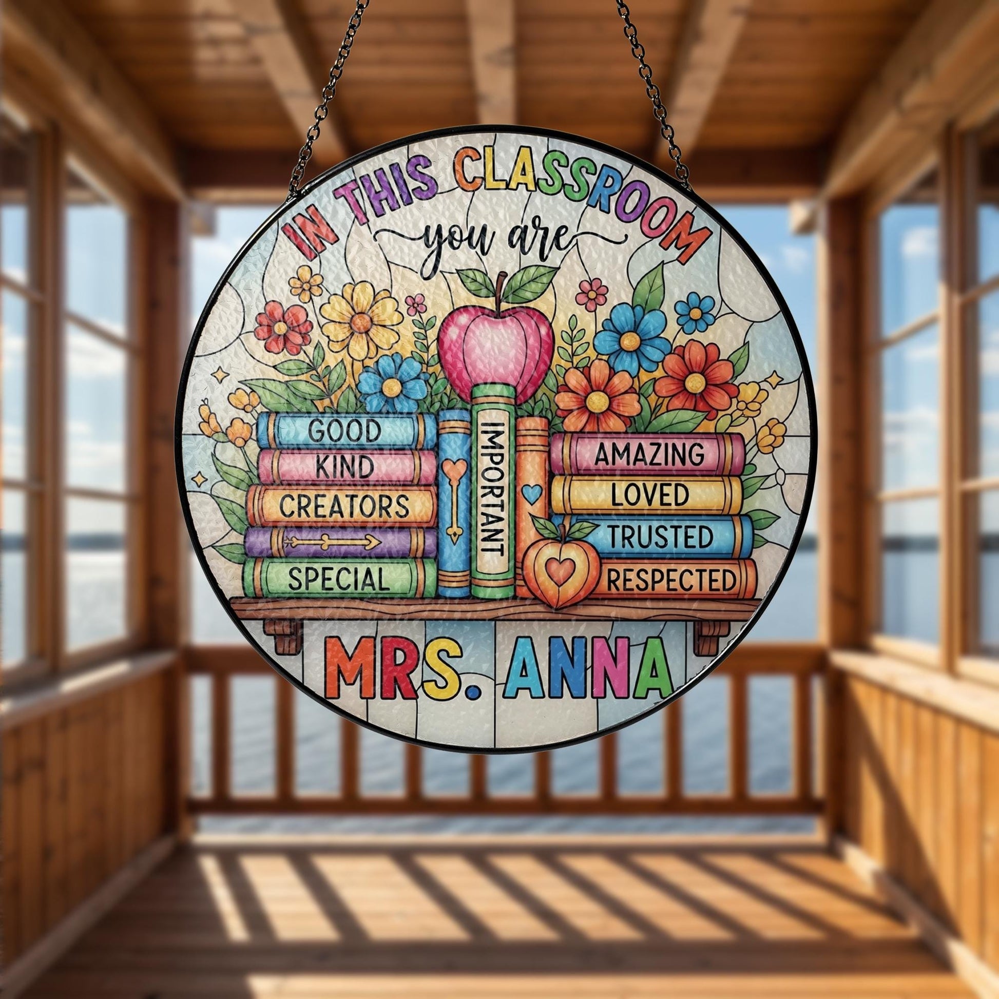 Custom Classroom Suncatcher, Teacher Name Glass Sign, Inspirational Stained Window Decor, Back to School Teacher Gift
