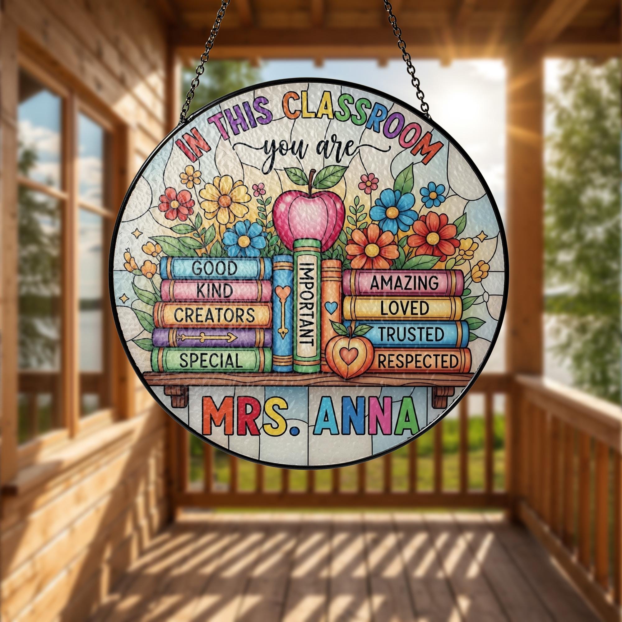 Custom Classroom Suncatcher, Teacher Name Glass Sign, Inspirational Stained Window Decor, Back to School Teacher Gift