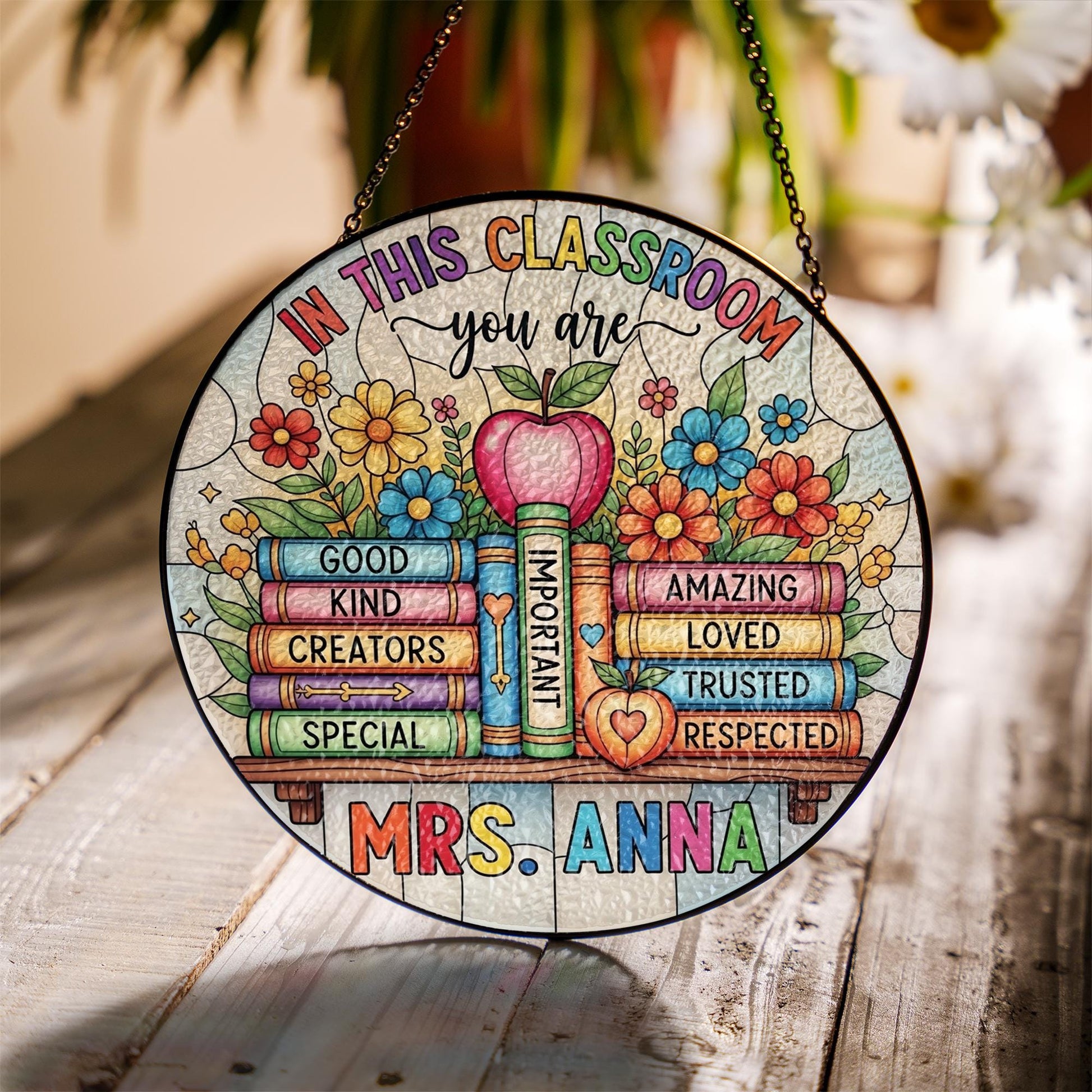 Custom Classroom Suncatcher, Teacher Name Glass Sign, Inspirational Stained Window Decor, Back to School Teacher Gift