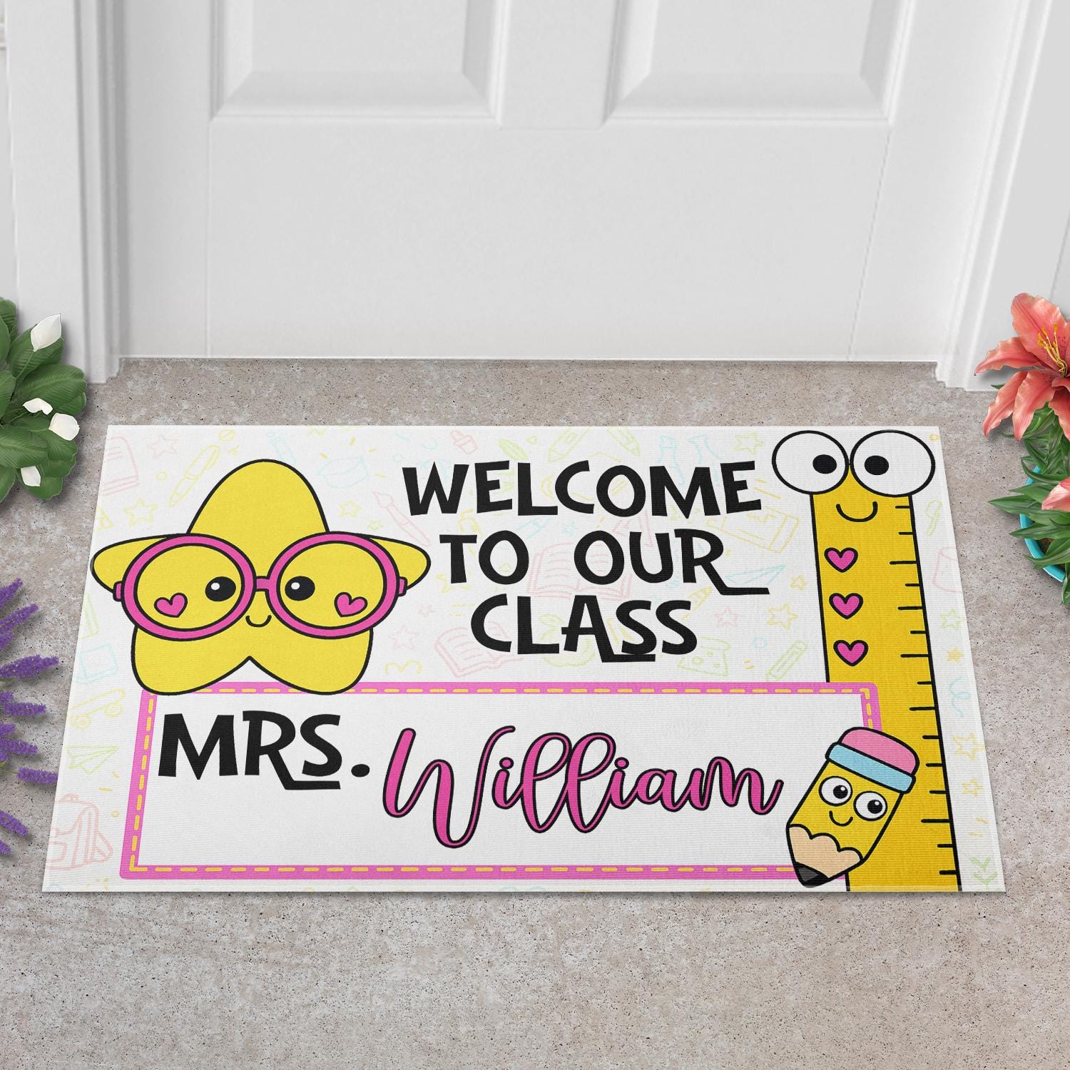 Personalized Classroom Welcome Mat – Cute Teacher Doormat with Name, Back to School Rug for Teachers, Educators, Staffs, Star & Ruler Design