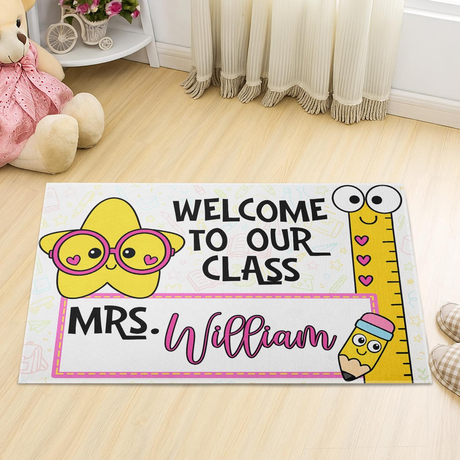 Personalized Classroom Welcome Mat – Cute Teacher Doormat with Name, Back to School Rug for Teachers, Educators, Staffs, Star & Ruler Design