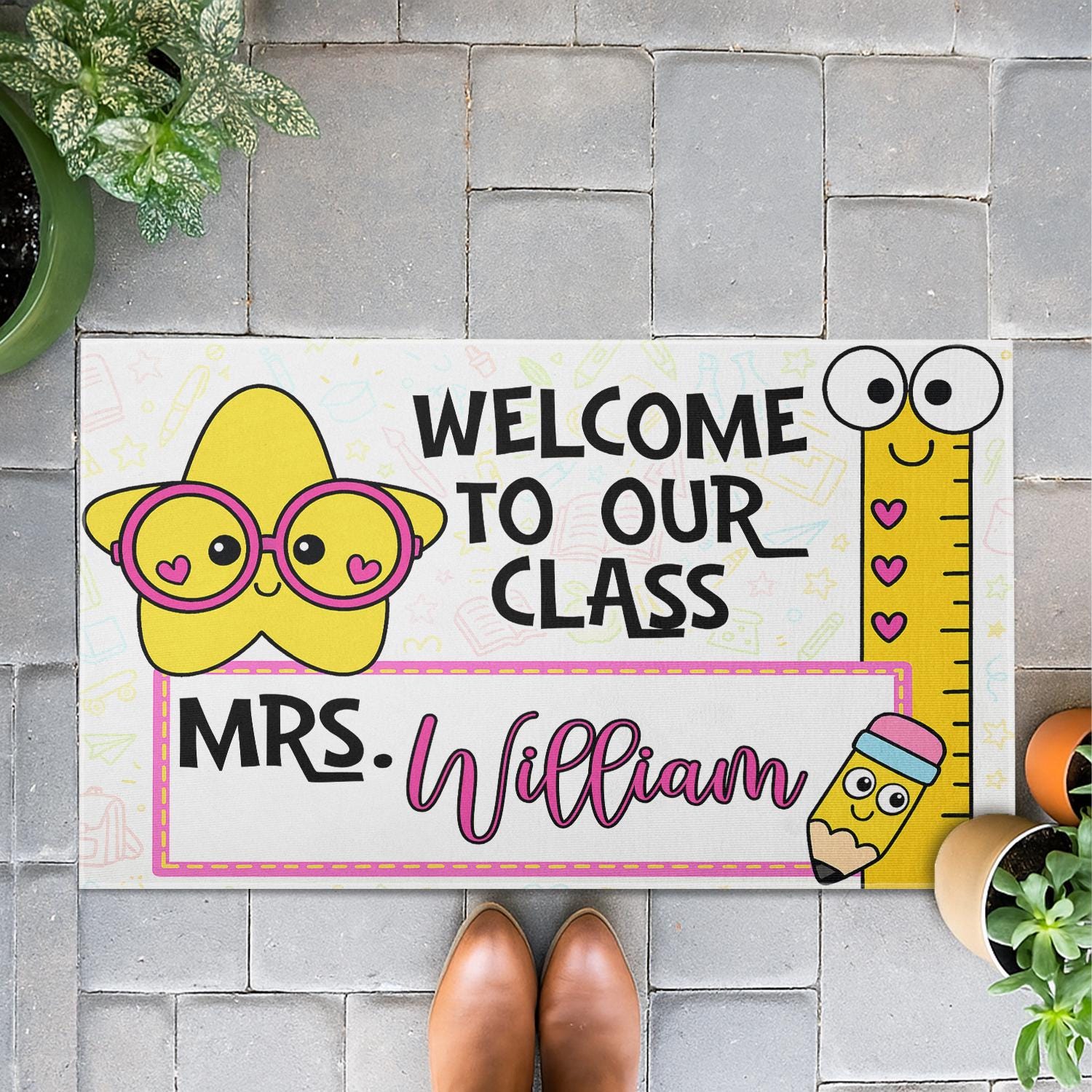 Personalized Classroom Welcome Mat – Cute Teacher Doormat with Name, Back to School Rug for Teachers, Educators, Staffs, Star & Ruler Design