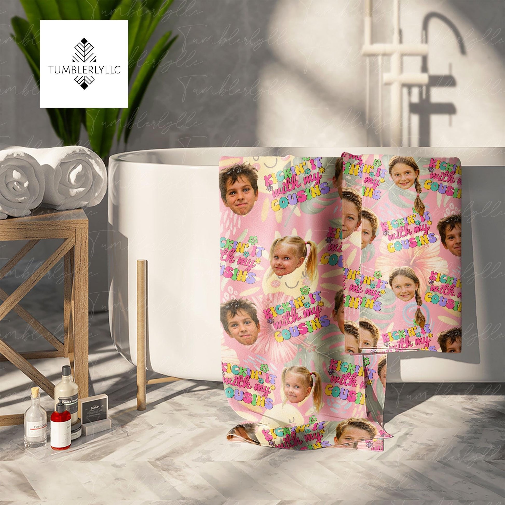 Custom Cousin Face Beach Towel – Personalized Kids Summer Gift, Cute Vacation Pool Towel with Photos, Fun Family Memory Keepsake
