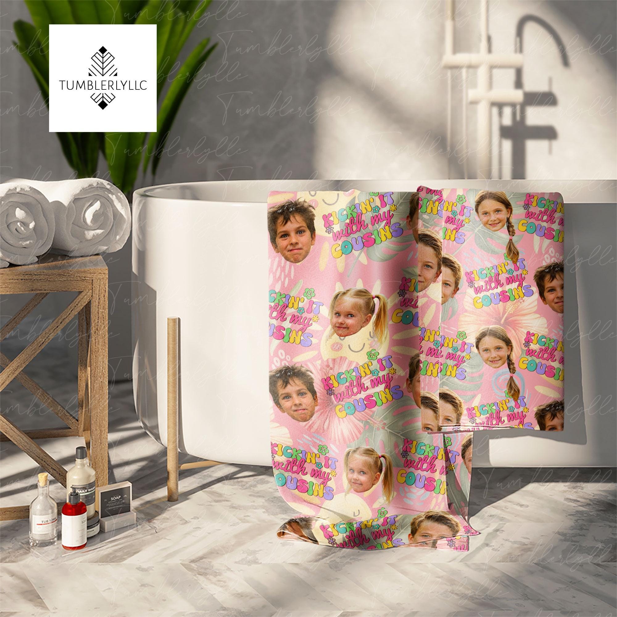Custom Cousin Face Beach Towel – Personalized Kids Summer Gift, Cute Vacation Pool Towel with Photos, Fun Family Memory Keepsake