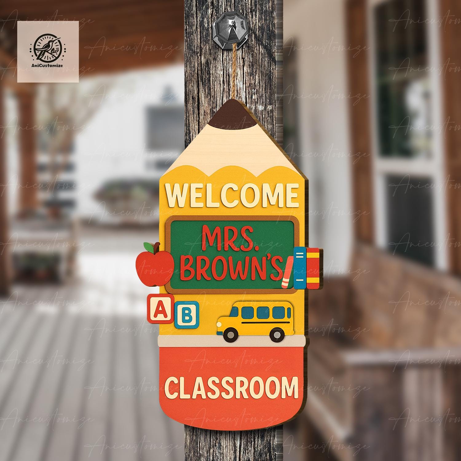 Personalized Classroom Welcome Sign – Custom Teacher Pencil Door Hanger with Name, Bus & Apple Design, Back to School Classroom Decor
