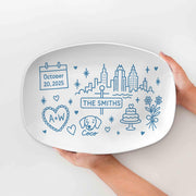 Custom City Skyline Wedding Platter, Personalized Couple Name & Dog Gift, Illustrated Anniversary Keepsake, Urban Love Decor