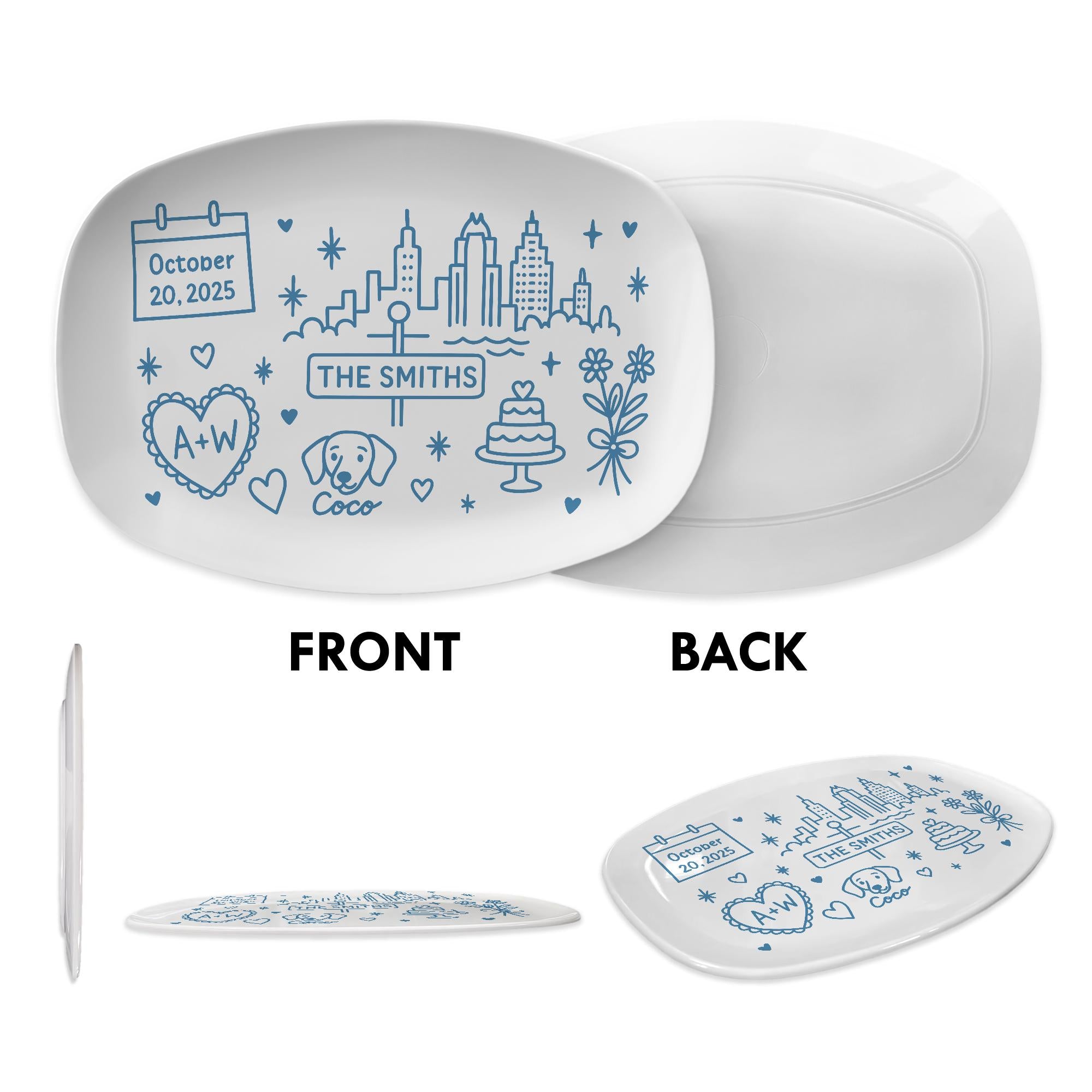 Custom City Skyline Wedding Platter, Personalized Couple Name & Dog Gift, Illustrated Anniversary Keepsake, Urban Love Decor