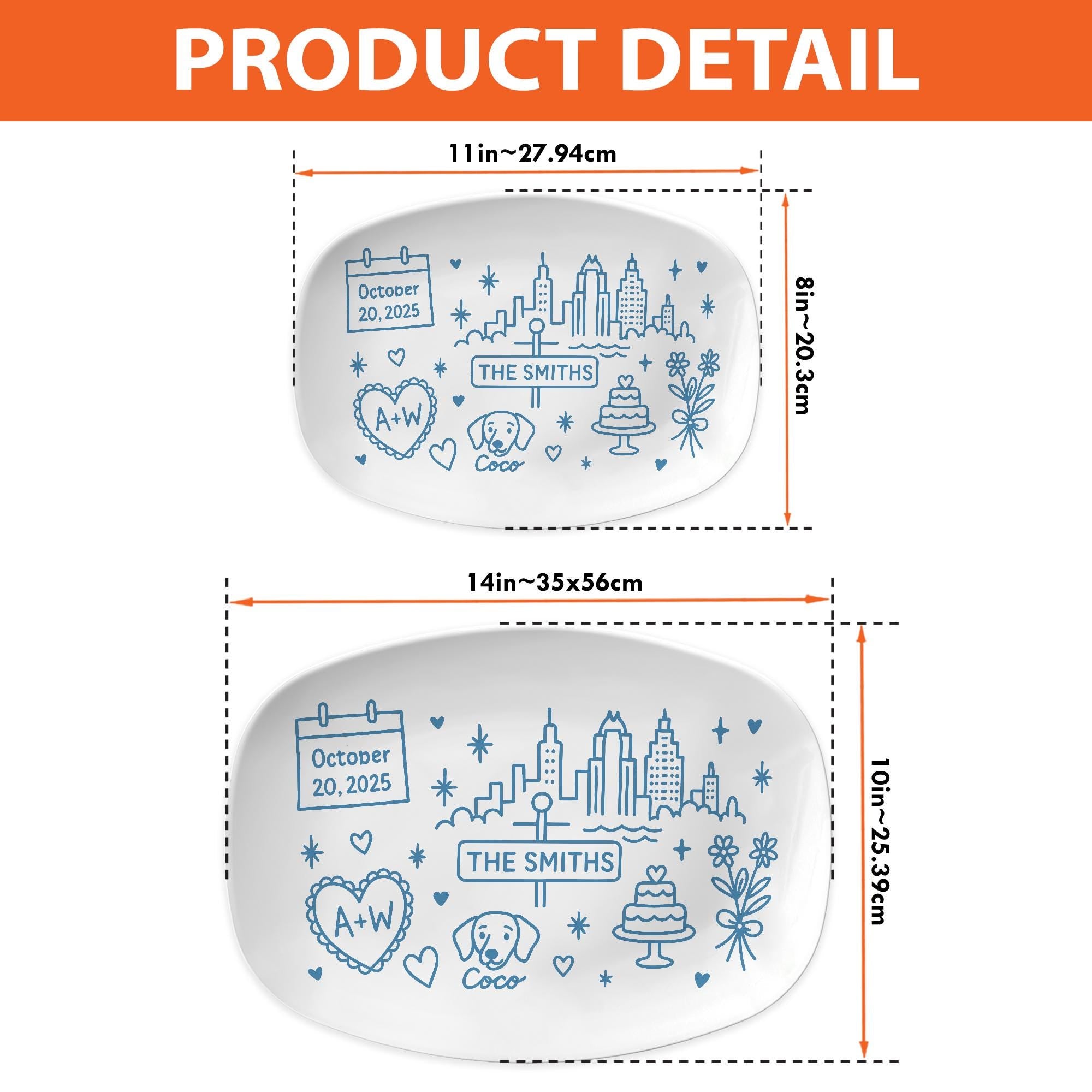 Custom City Skyline Wedding Platter, Personalized Couple Name & Dog Gift, Illustrated Anniversary Keepsake, Urban Love Decor