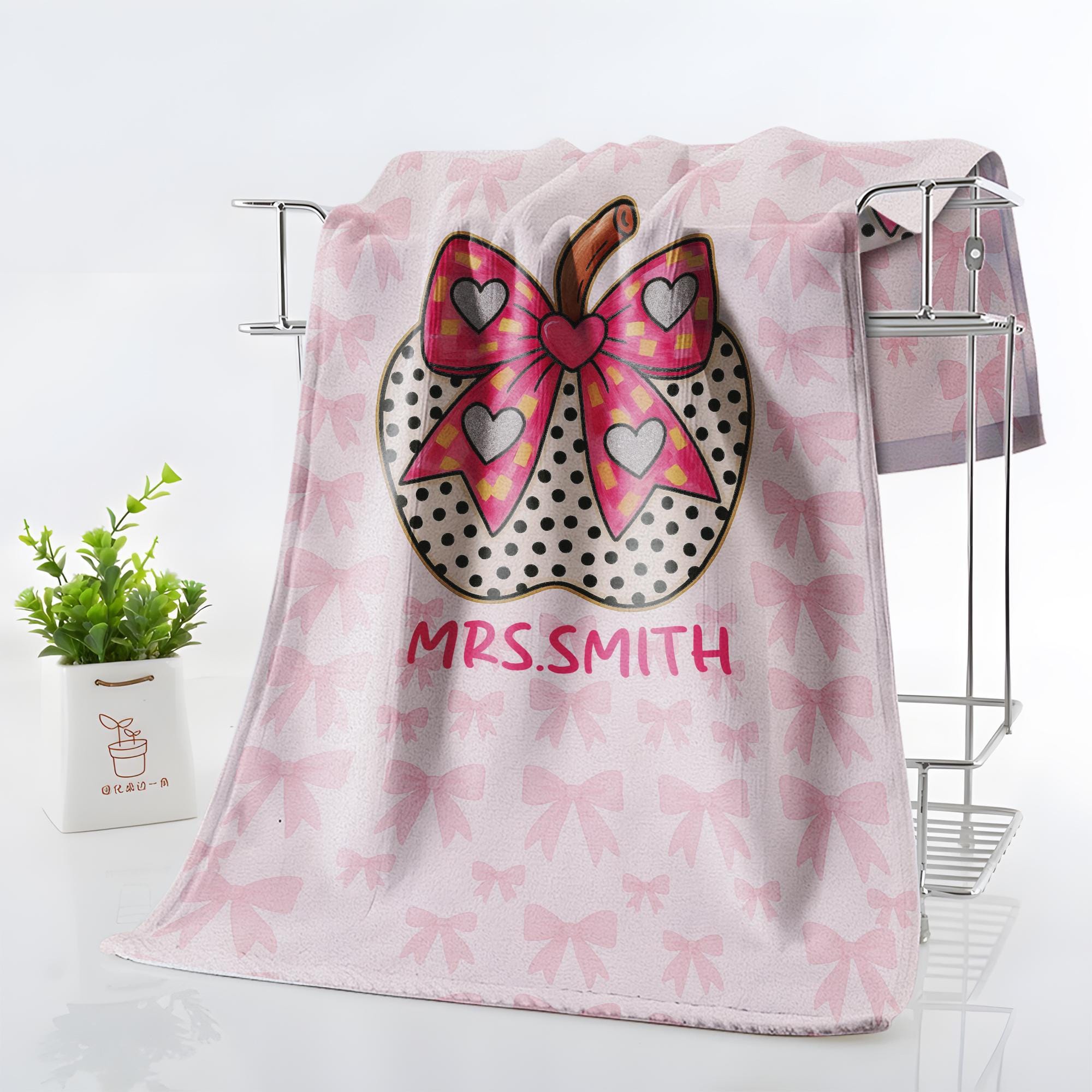 Custom Coquette Bow Teacher Towel – Personalized Name Beach Gift for Teacher, Pink Gingham Apple Summer Break Gift for Mrs. or Miss