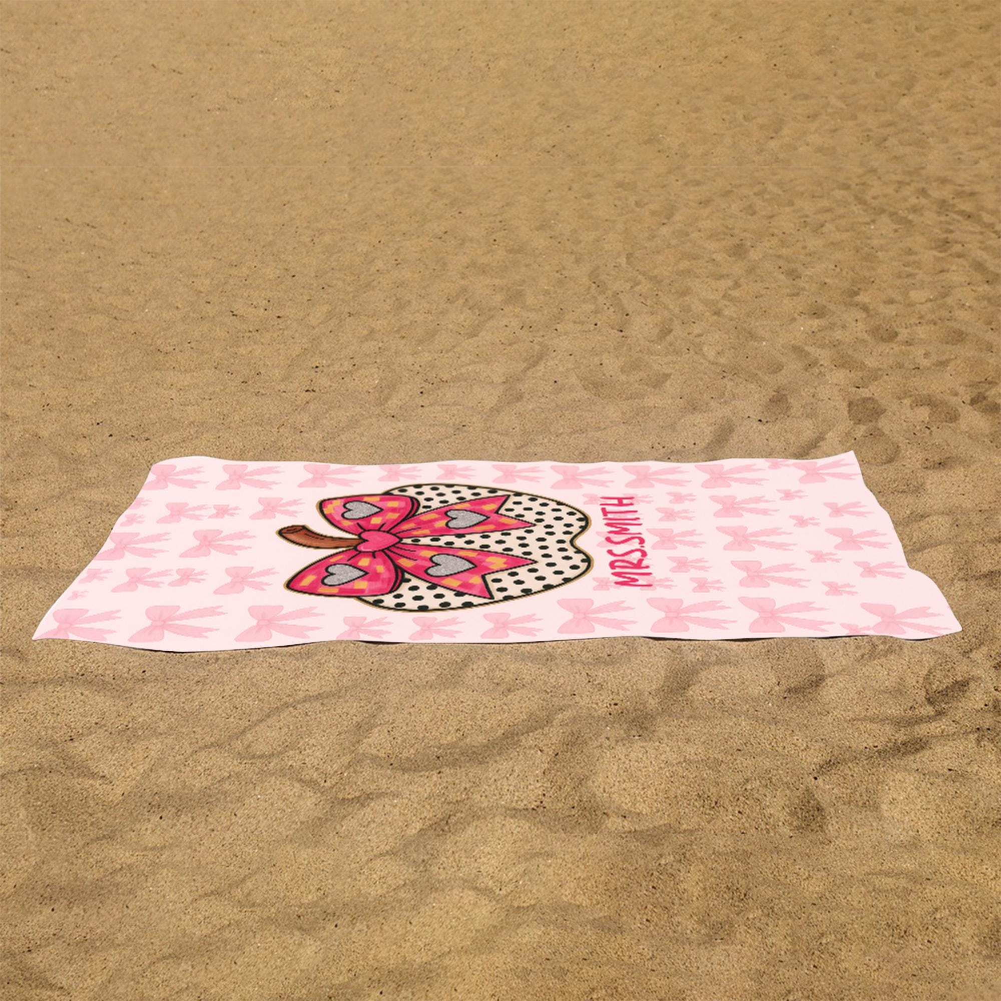 Custom Coquette Bow Teacher Towel – Personalized Name Beach Gift for Teacher, Pink Gingham Apple Summer Break Gift for Mrs. or Miss