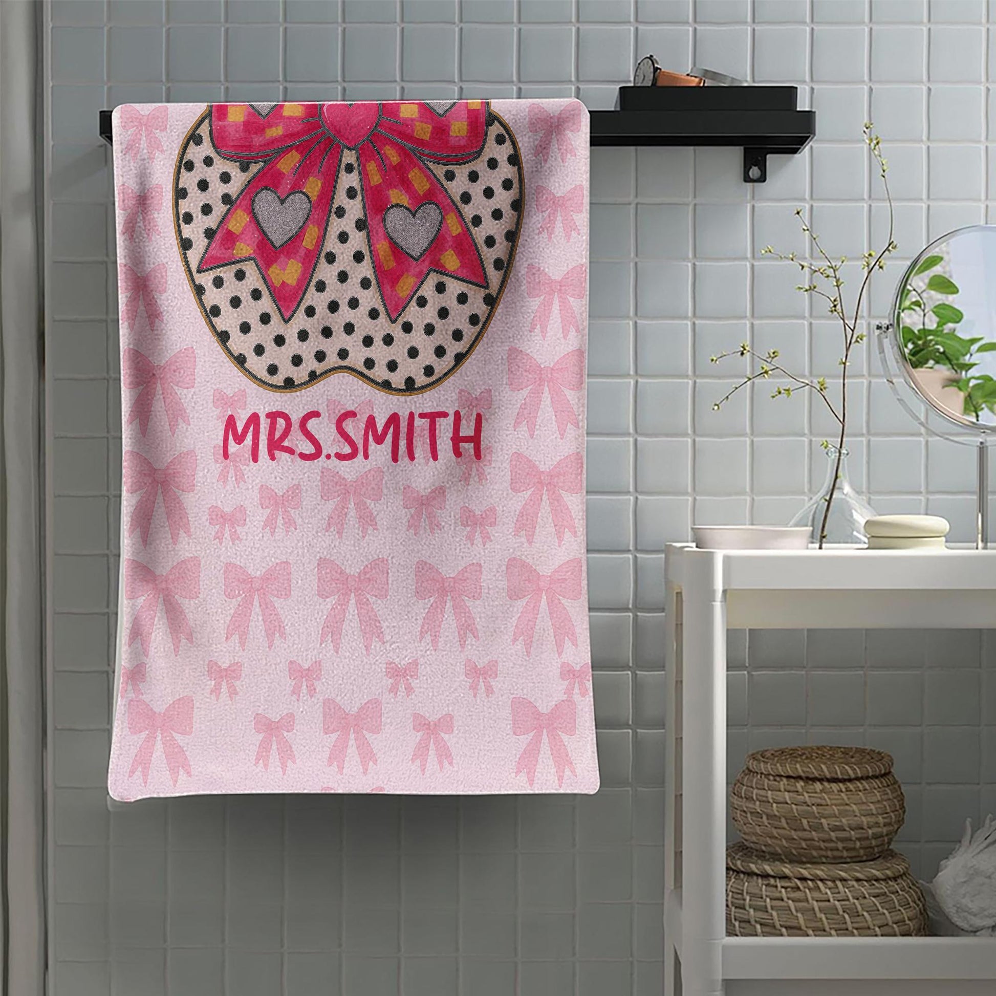 Custom Coquette Bow Teacher Towel – Personalized Name Beach Gift for Teacher, Pink Gingham Apple Summer Break Gift for Mrs. or Miss