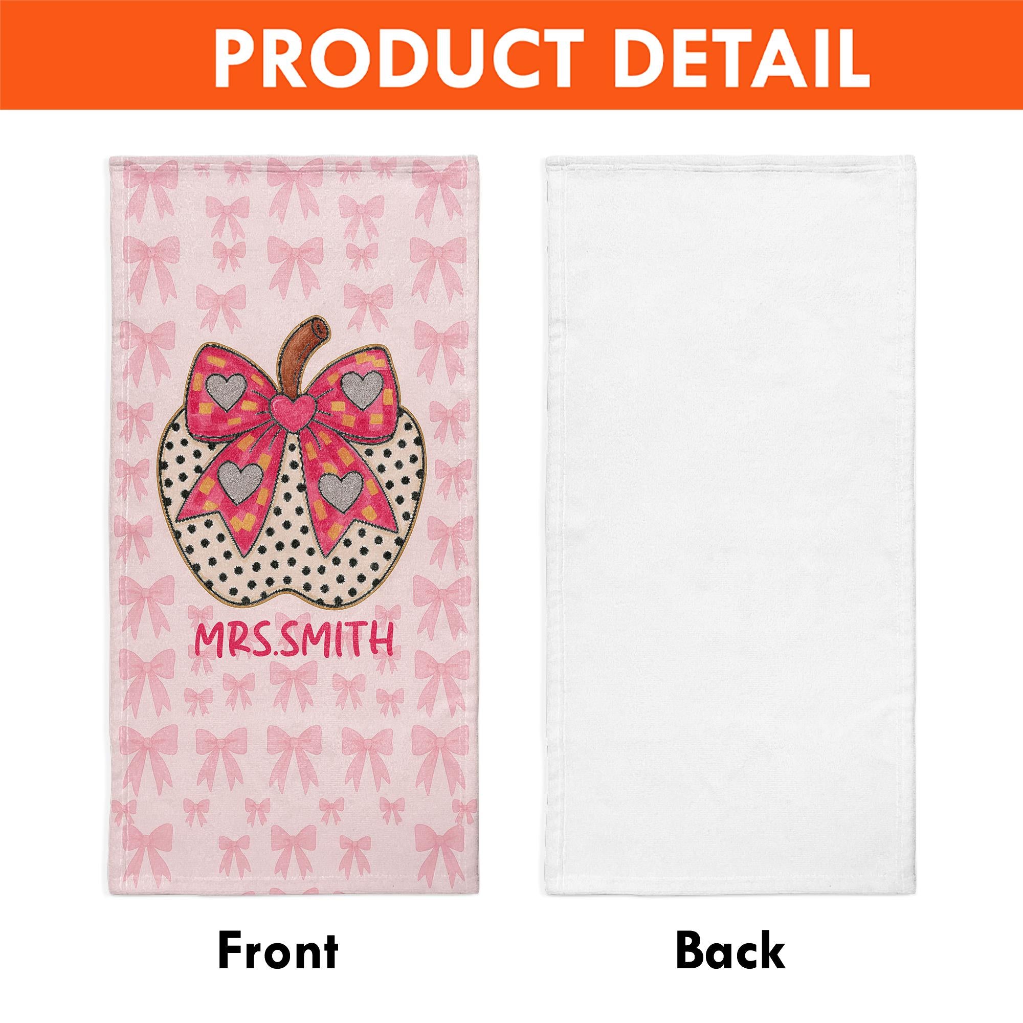 Custom Coquette Bow Teacher Towel – Personalized Name Beach Gift for Teacher, Pink Gingham Apple Summer Break Gift for Mrs. or Miss