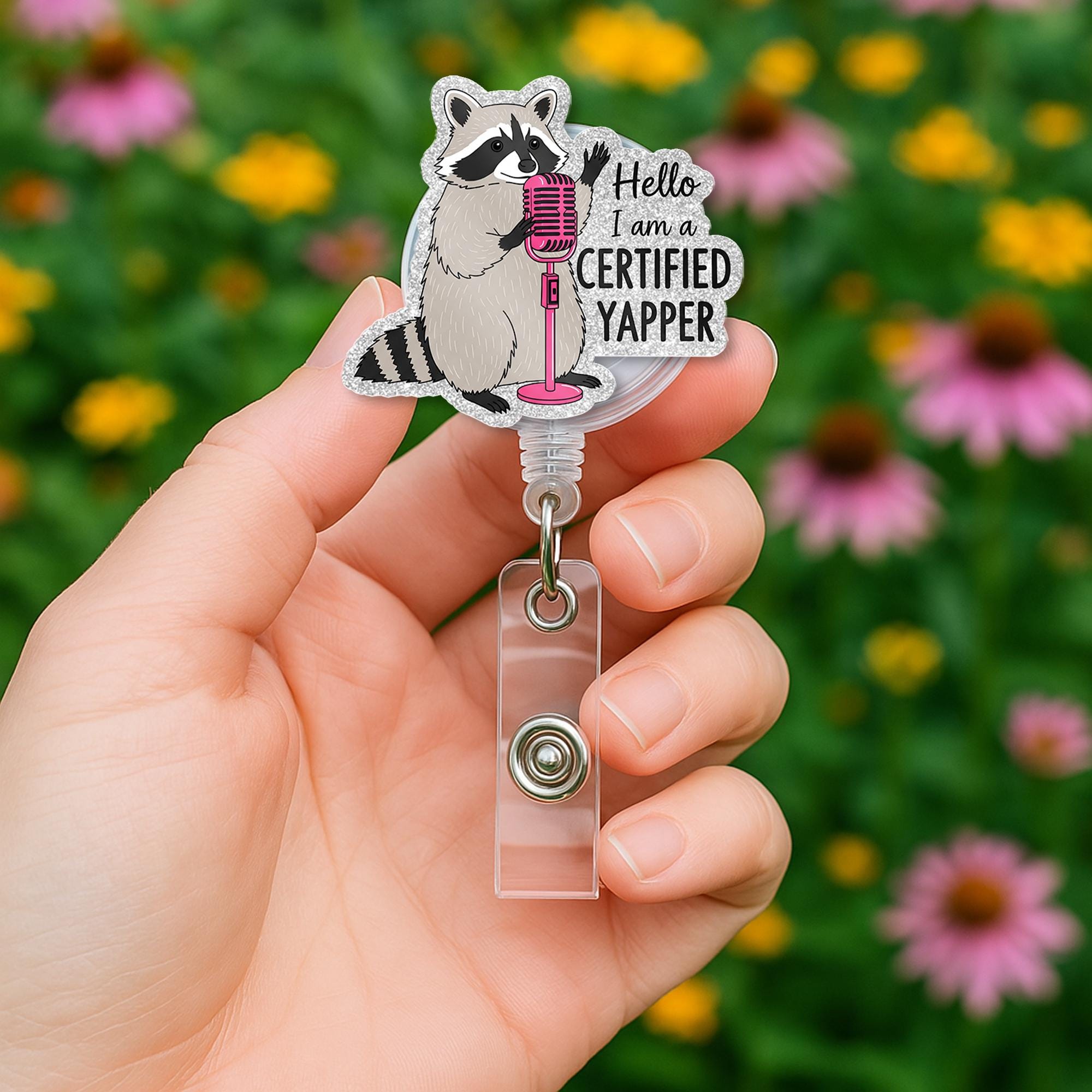 Certified Yapper Raccoon Badge Reel – Funny Retractable ID Holder for Talkative Nurses, Teachers, Office Staff – Cute Clip Accessory