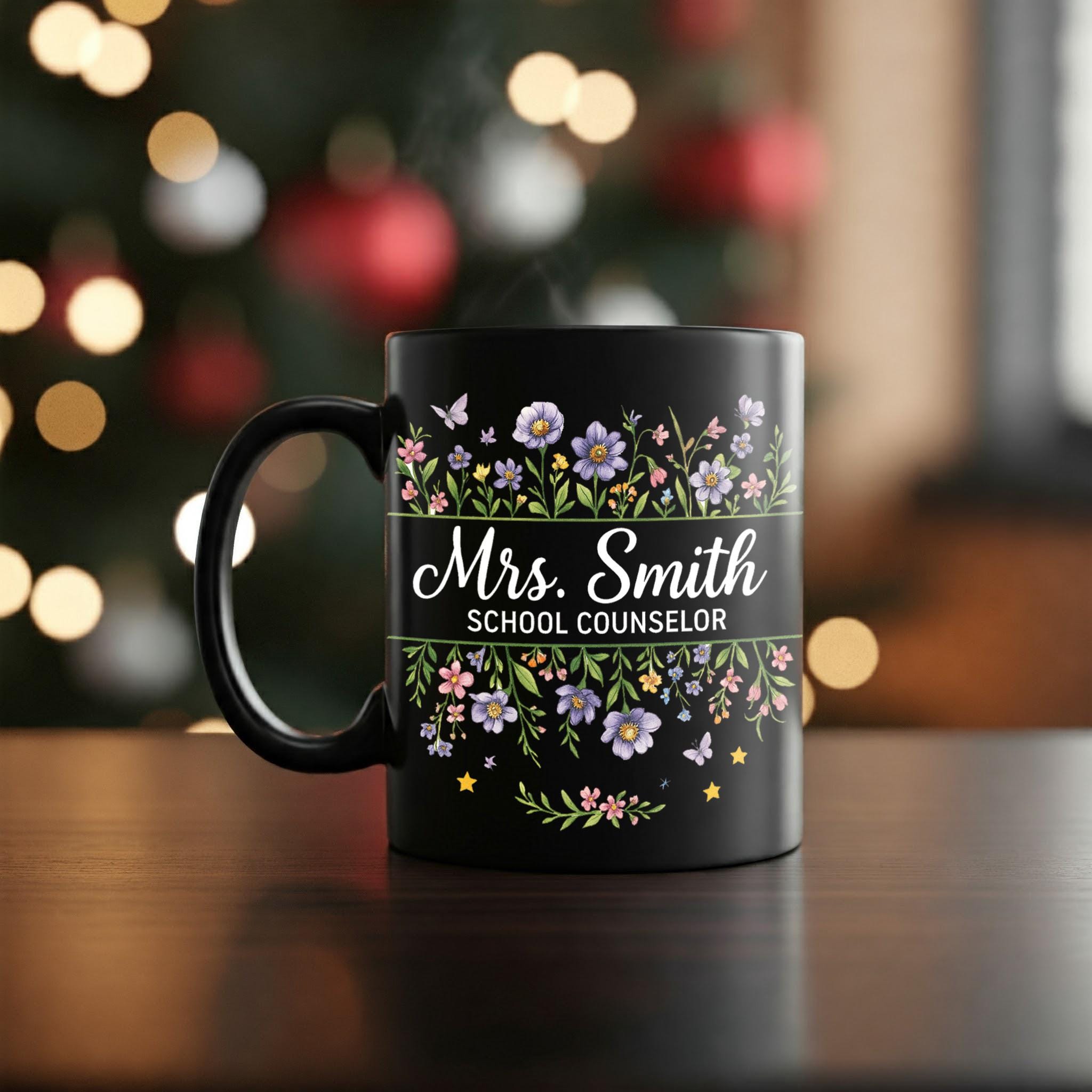 Personalized School Counselor Mug – Custom Floral Name Coffee Cup – Gift for Counselor, Therapist, or Educator Appreciation