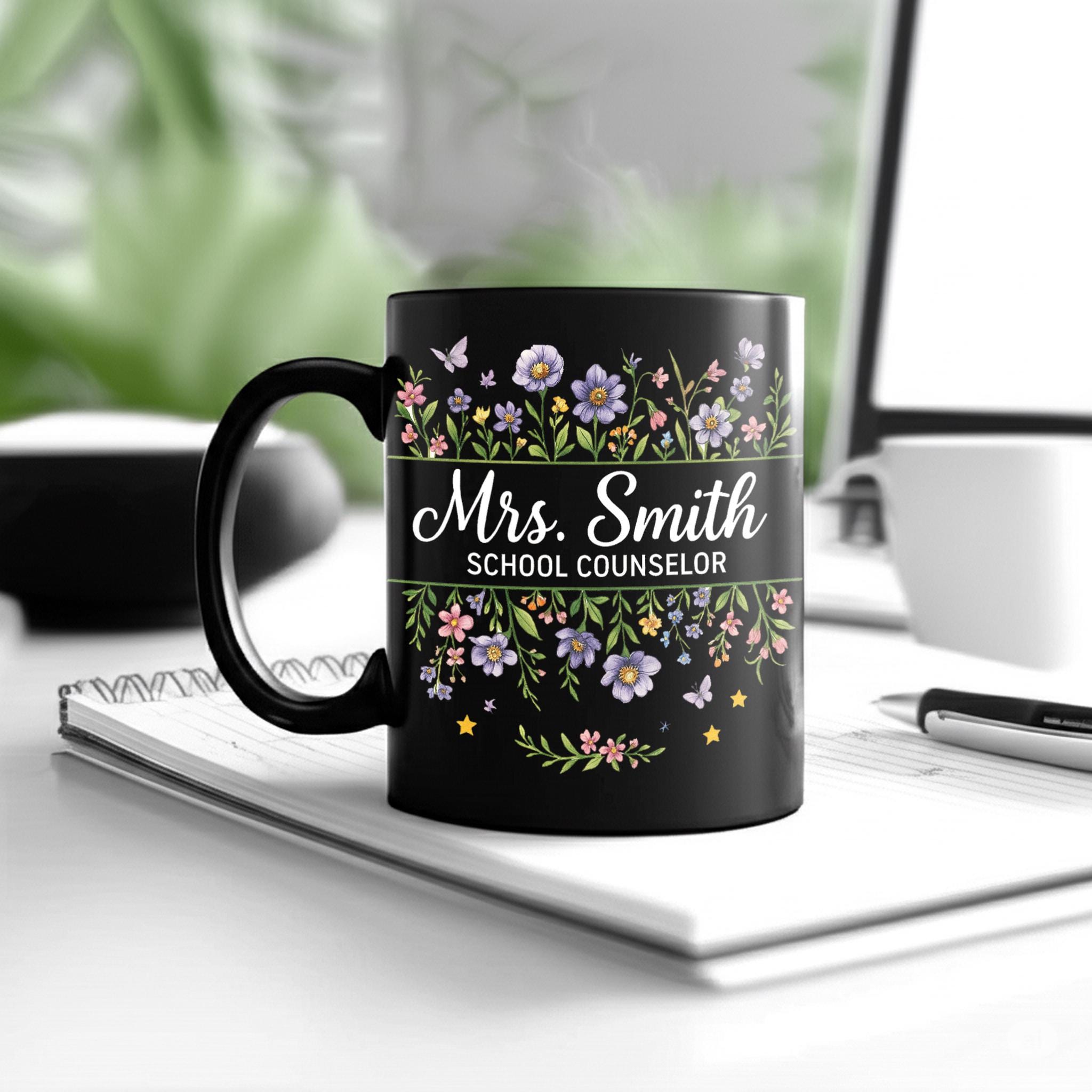 Personalized School Counselor Mug – Custom Floral Name Coffee Cup – Gift for Counselor, Therapist, or Educator Appreciation