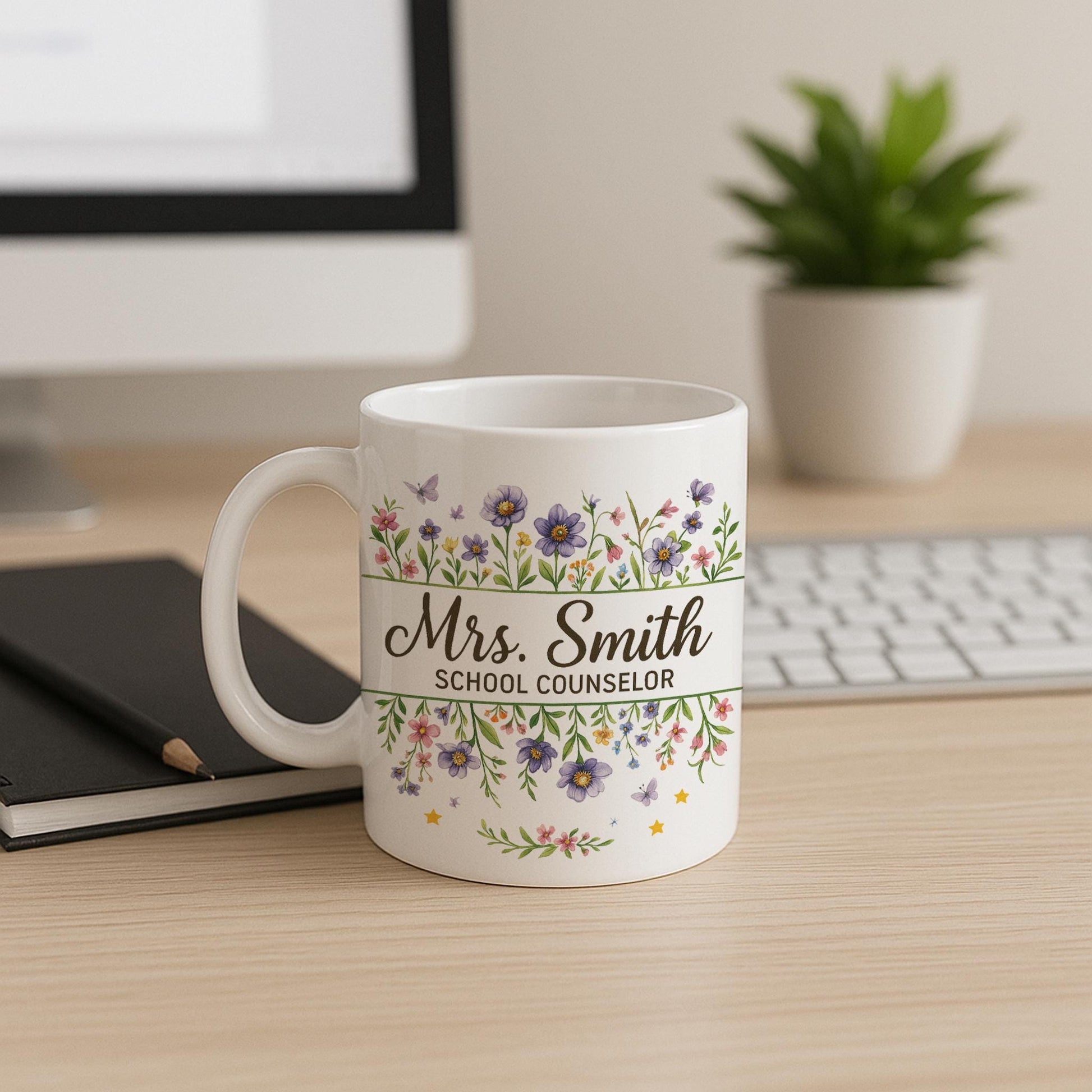 Personalized School Counselor Mug – Custom Floral Name Coffee Cup – Gift for Counselor, Therapist, or Educator Appreciation