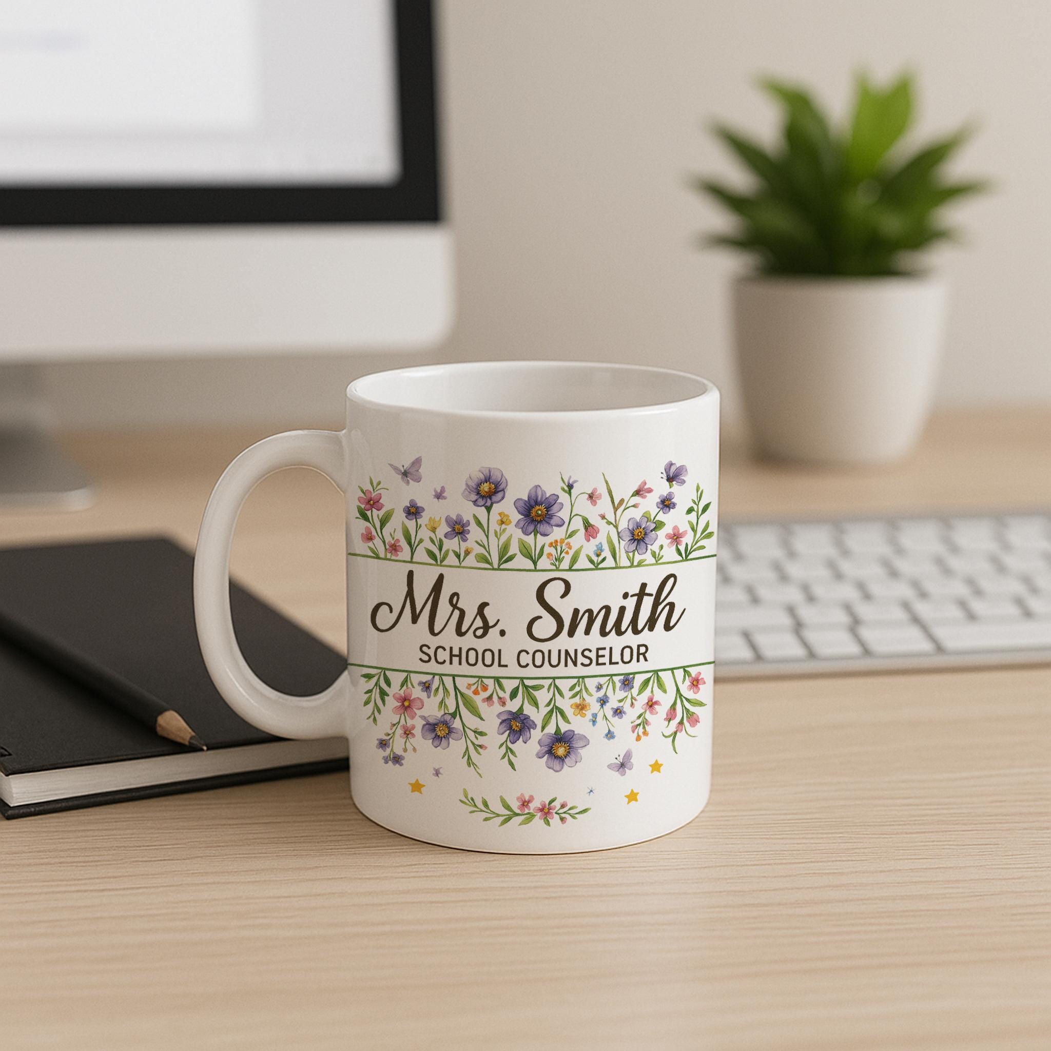Personalized School Counselor Mug – Custom Floral Name Coffee Cup – Gift for Counselor, Therapist, or Educator Appreciation