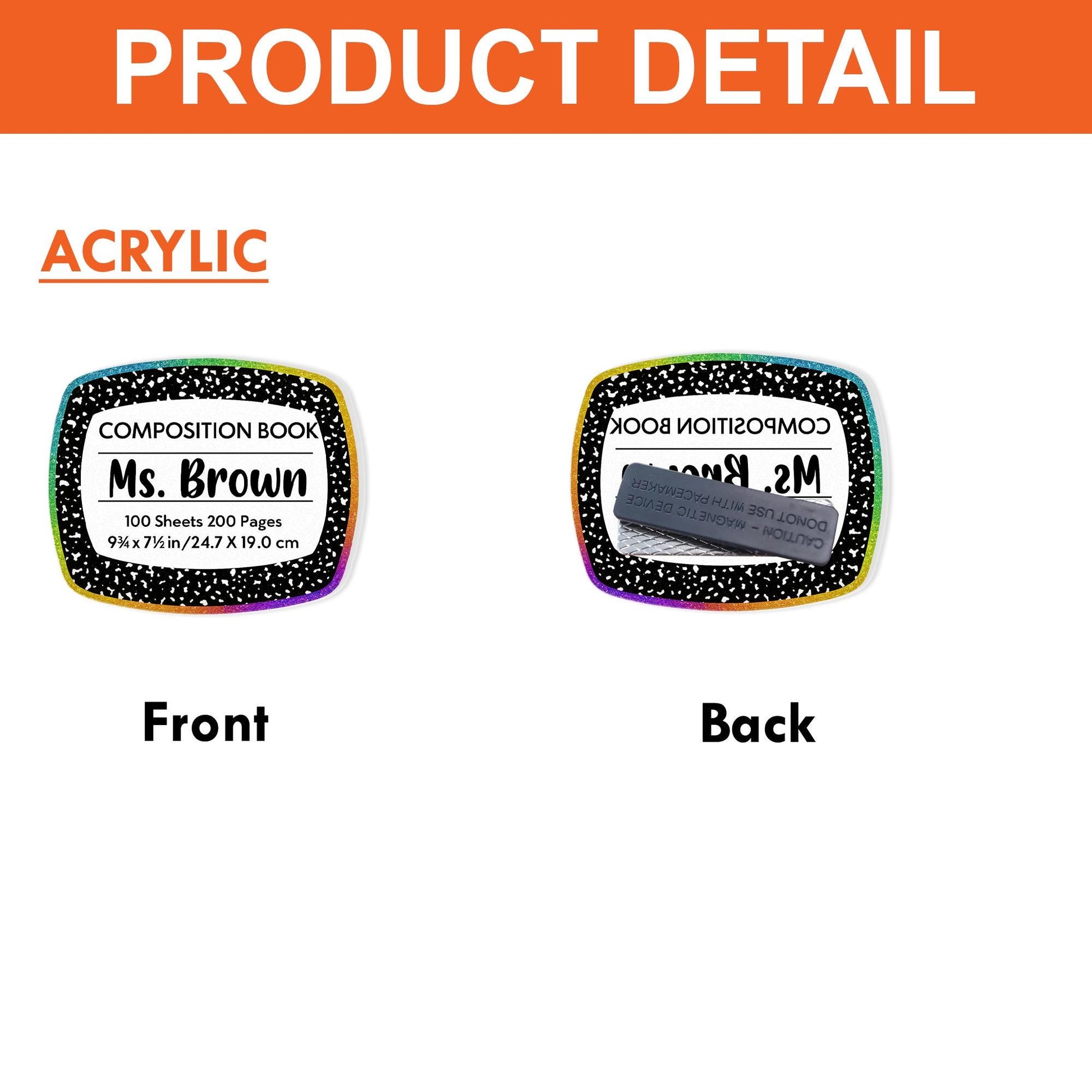 Personalized Composition Book Name Tag, Rainbow Glitter Acrylic Teacher Badge with Magnet, Back to School Classroom ID Sign, Teacher Tag
