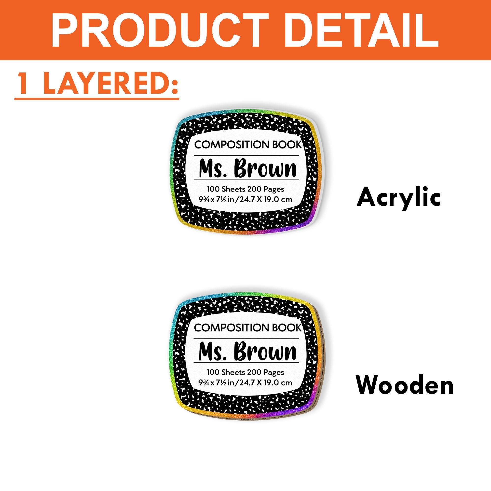 Personalized Composition Book Name Tag, Rainbow Glitter Acrylic Teacher Badge with Magnet, Back to School Classroom ID Sign, Teacher Tag