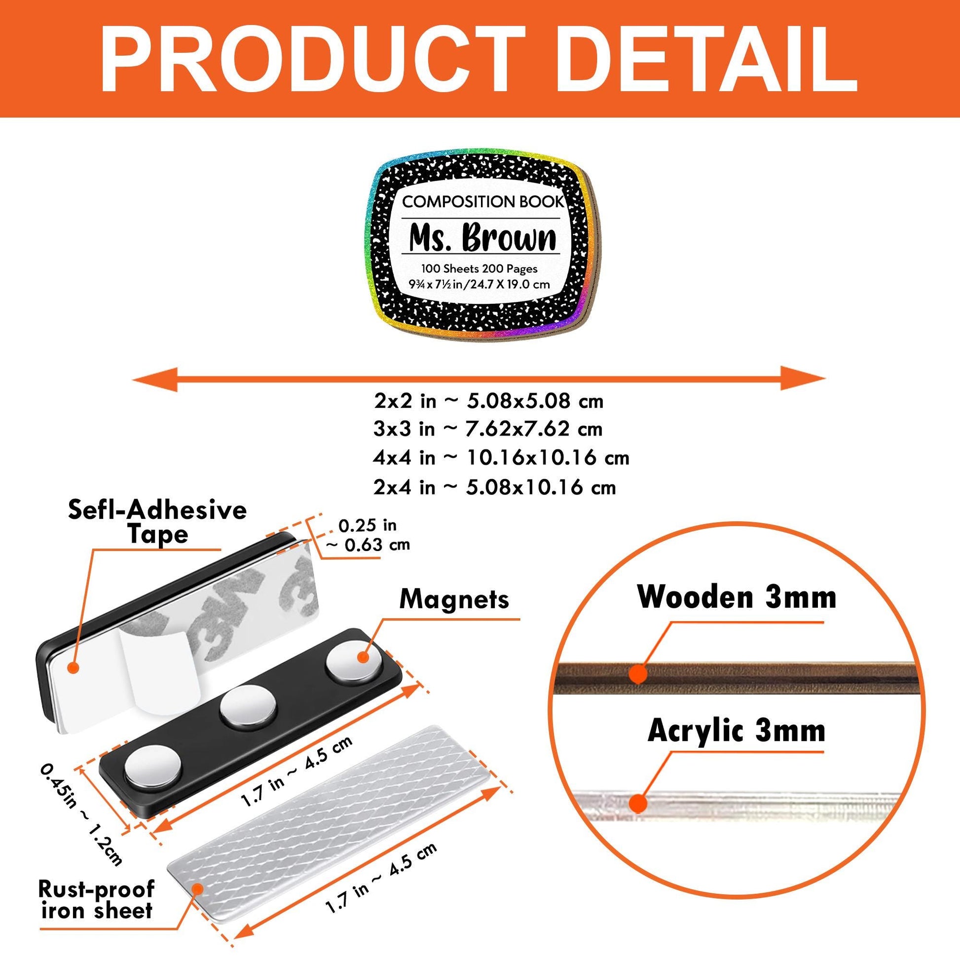 Personalized Composition Book Name Tag, Rainbow Glitter Acrylic Teacher Badge with Magnet, Back to School Classroom ID Sign, Teacher Tag