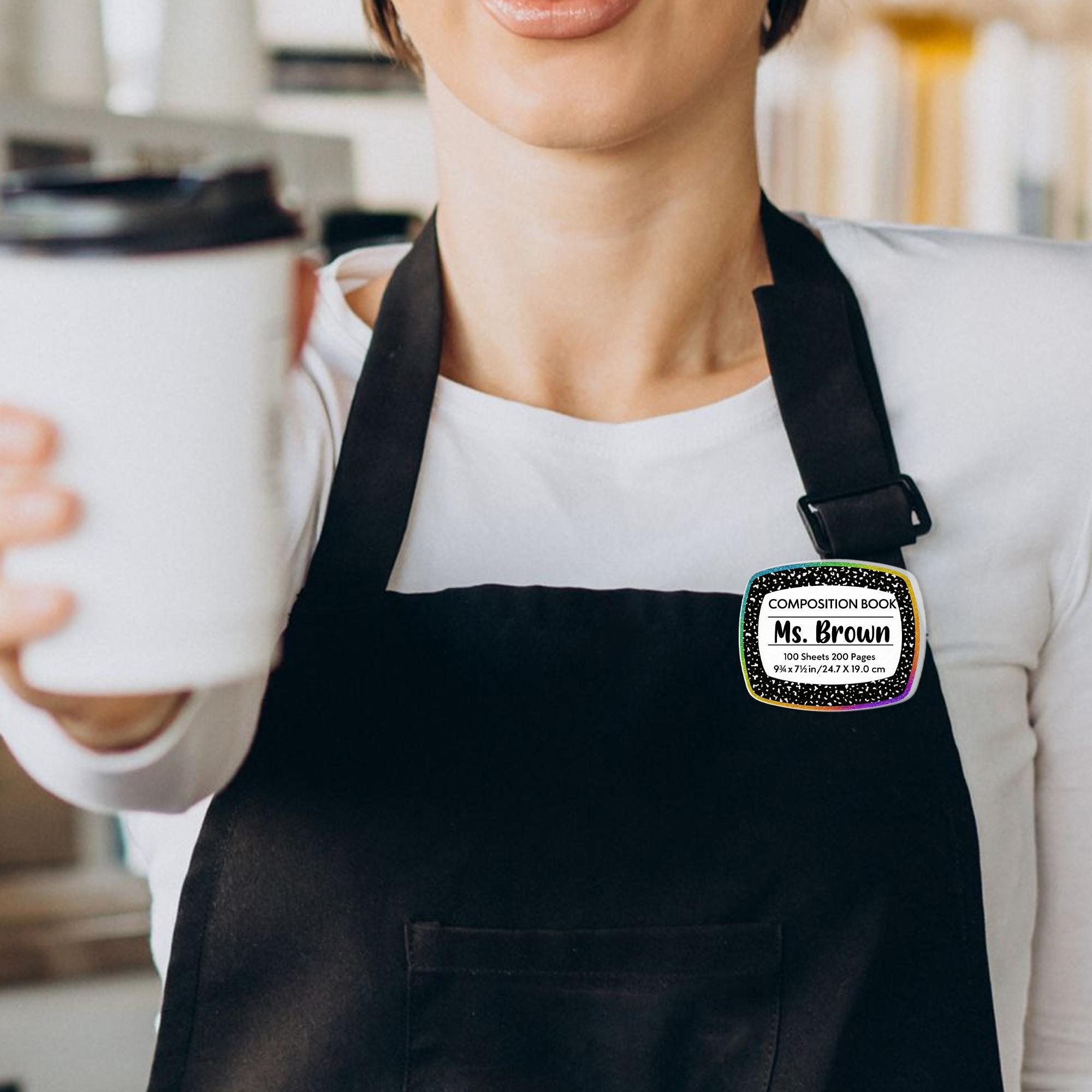 Personalized Composition Book Name Tag, Rainbow Glitter Acrylic Teacher Badge with Magnet, Back to School Classroom ID Sign, Teacher Tag