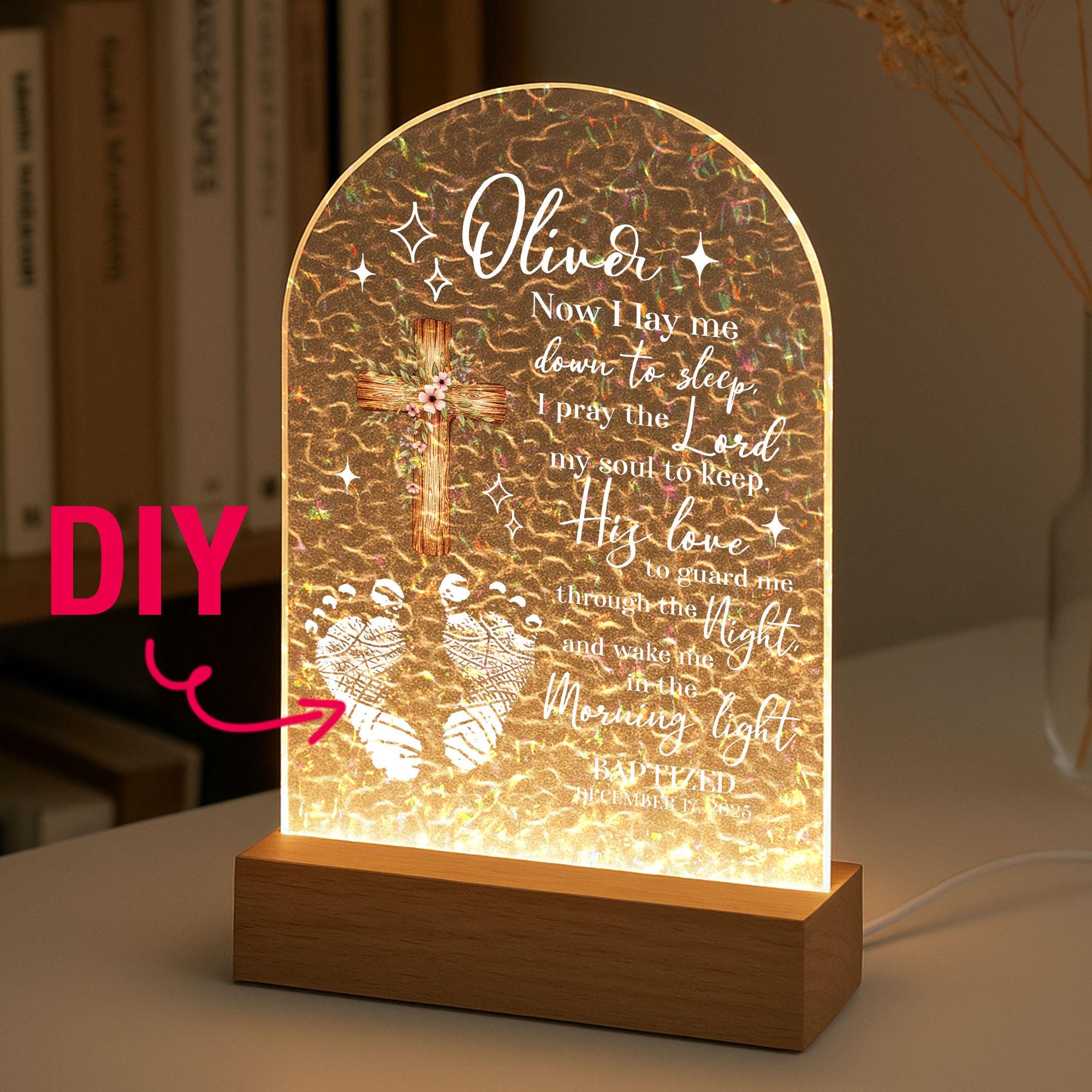 Personalized Baptism Night Light for Baby Boy – Custom Christian Nursery Lamp with Name & Date – Baptism Gift, Holographic LED Keepsake