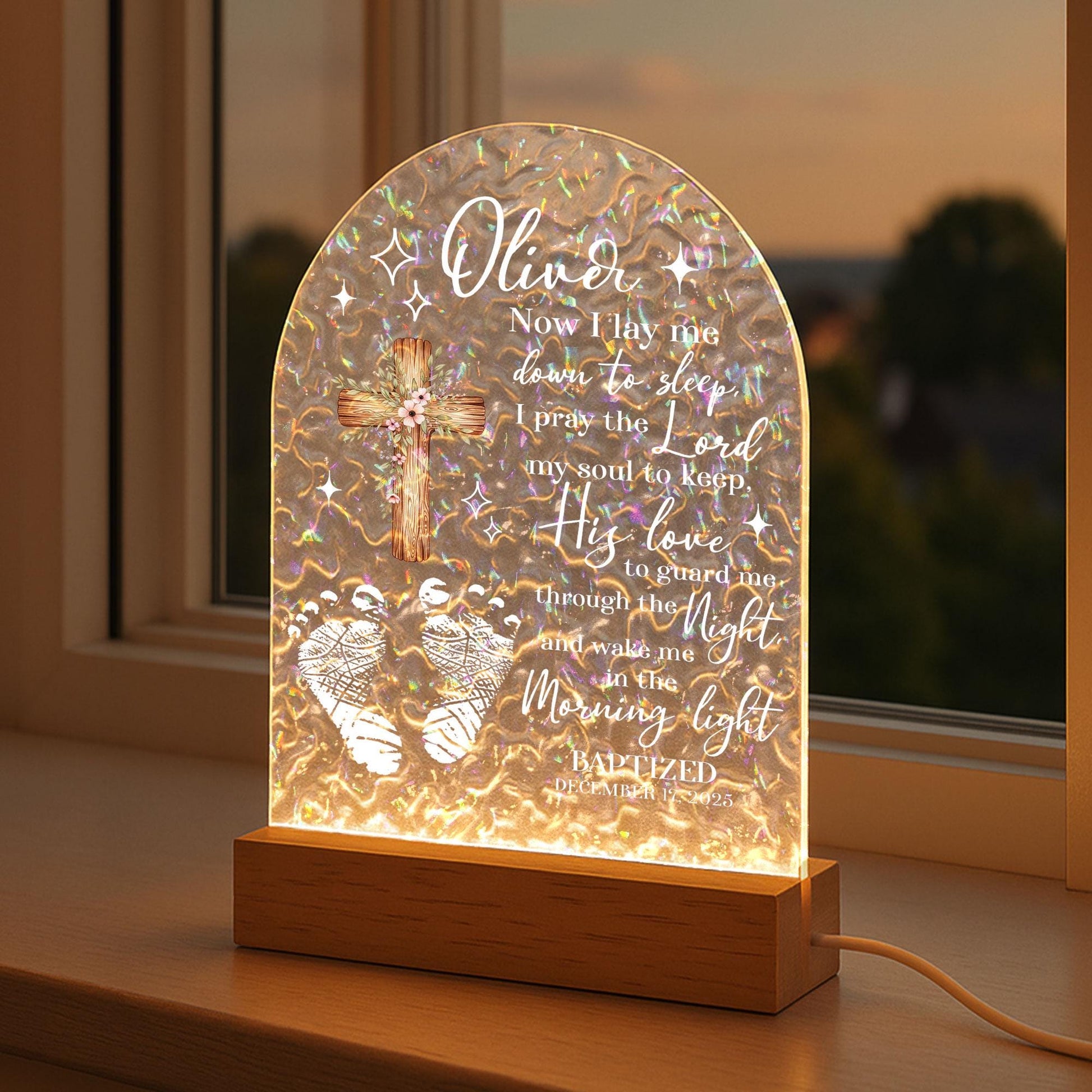 Personalized Baptism Night Light for Baby Boy – Custom Christian Nursery Lamp with Name & Date – Baptism Gift, Holographic LED Keepsake